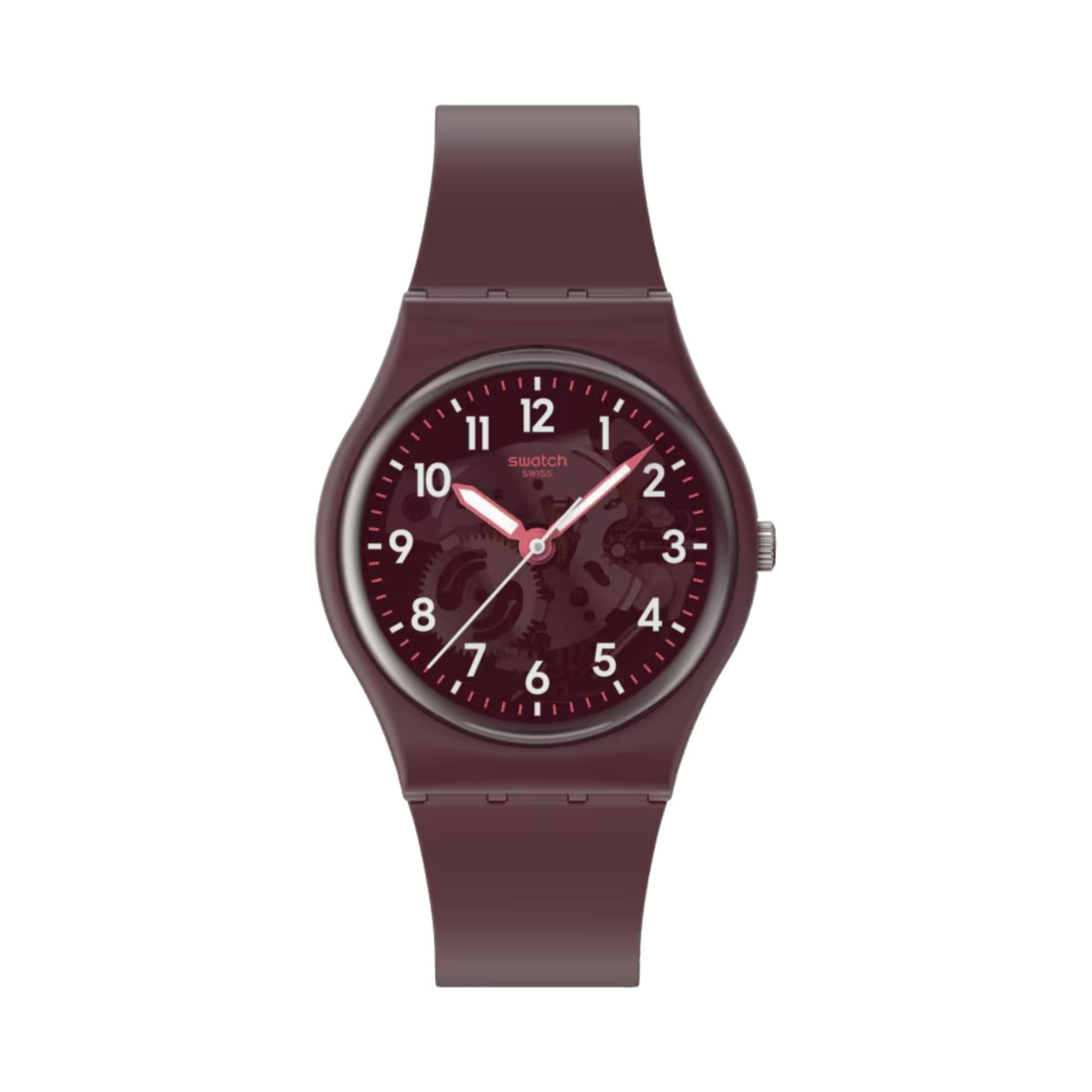 Swatch THRU THE CROWN GLASS Quarz Rotes Zifferblatt Biobasierter Armband Herren Uhr SO28R115