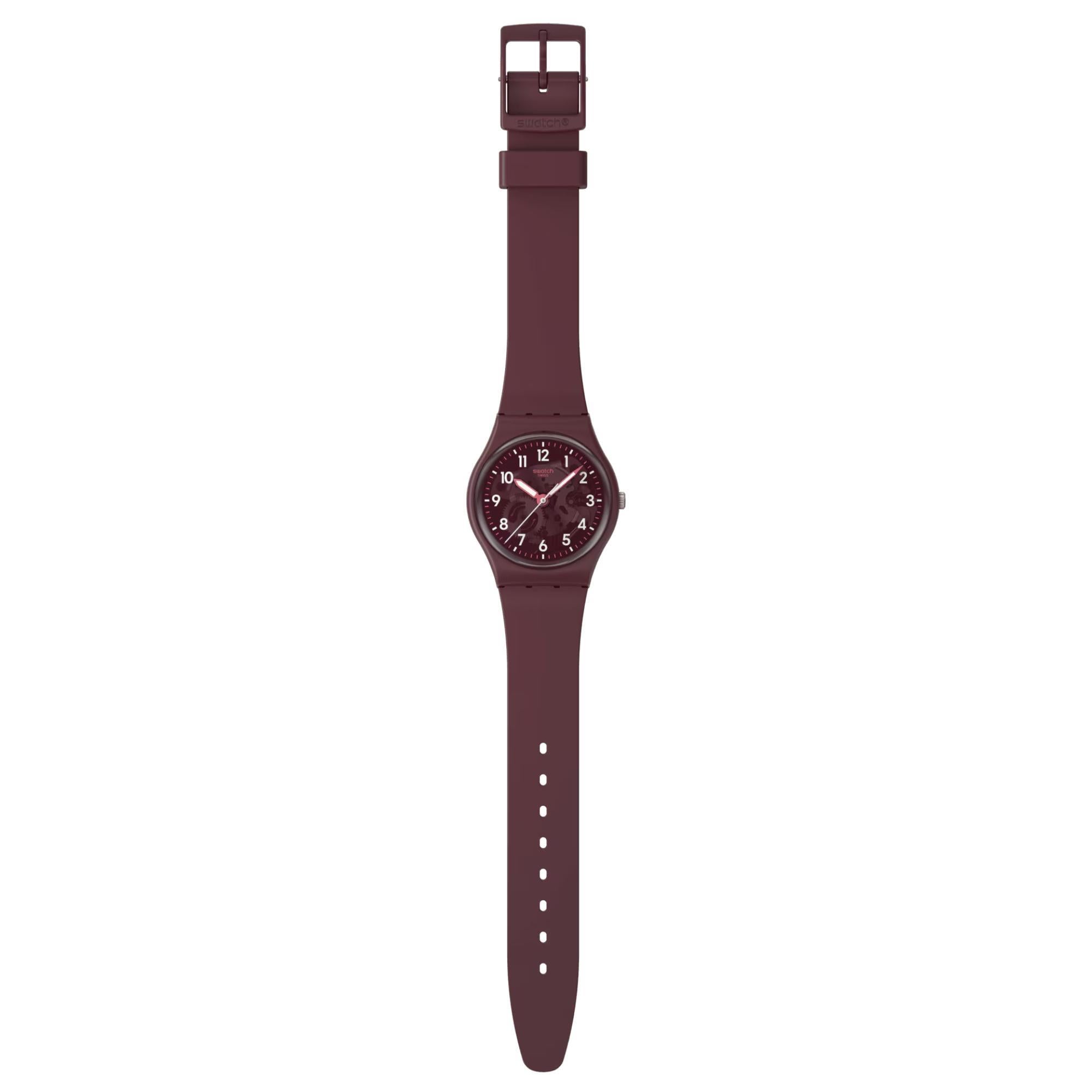 Swatch THRU THE CROWN GLASS Quarz Rotes Zifferblatt Biobasierter Armband Herren Uhr SO28R115