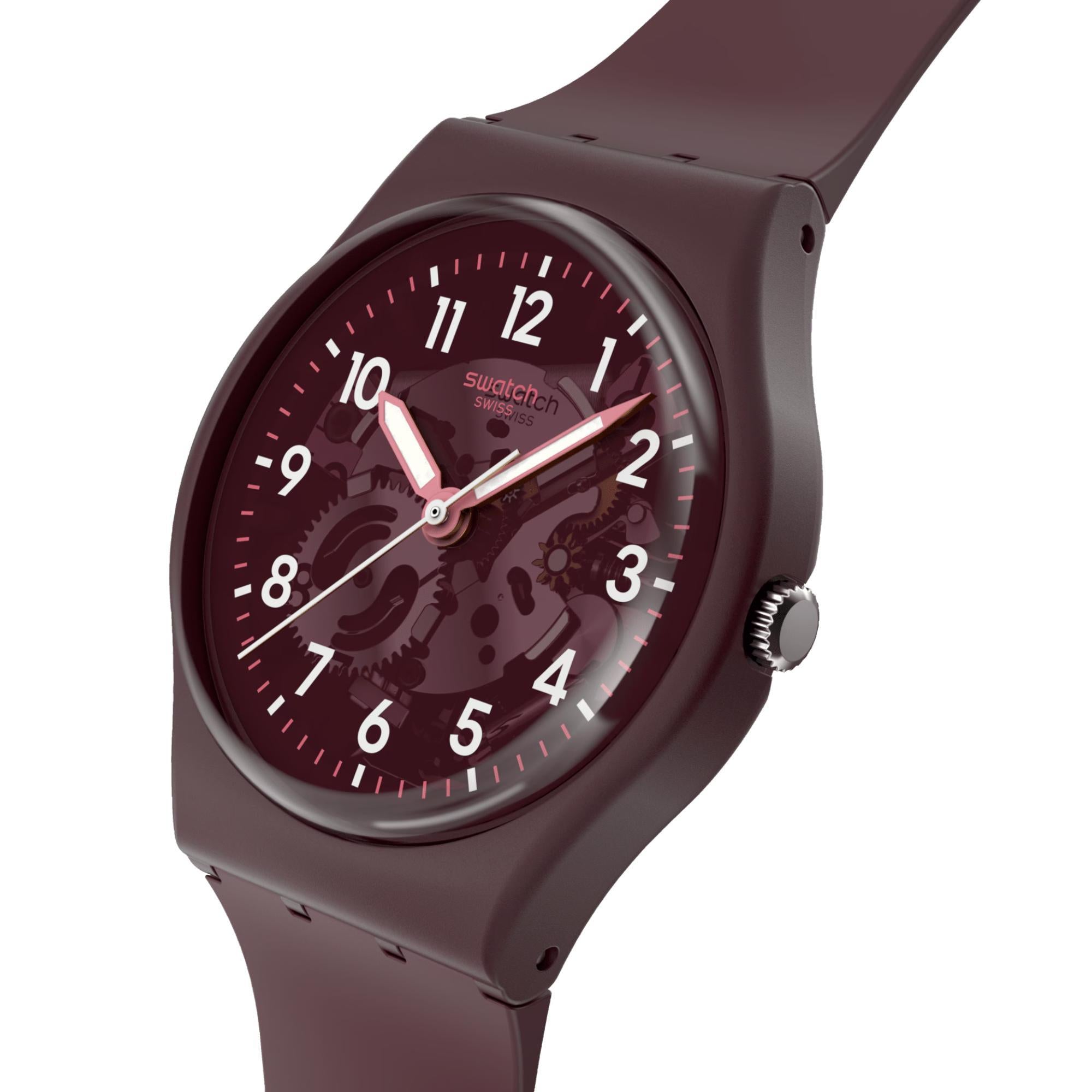 Swatch THRU THE CROWN GLASS Quarz Rotes Zifferblatt Biobasierter Armband Herren Uhr SO28R115