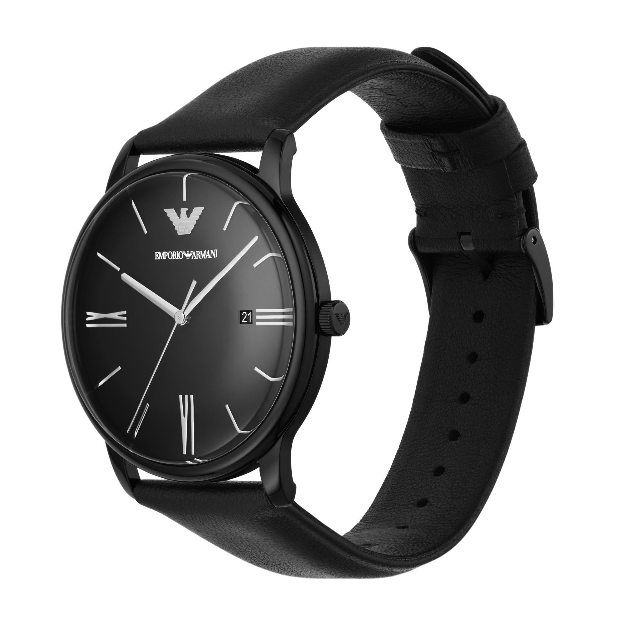 Emporio Armani Gianni T-Bar 42mm Black Dial Leather Mens Quartz Watch AR11573