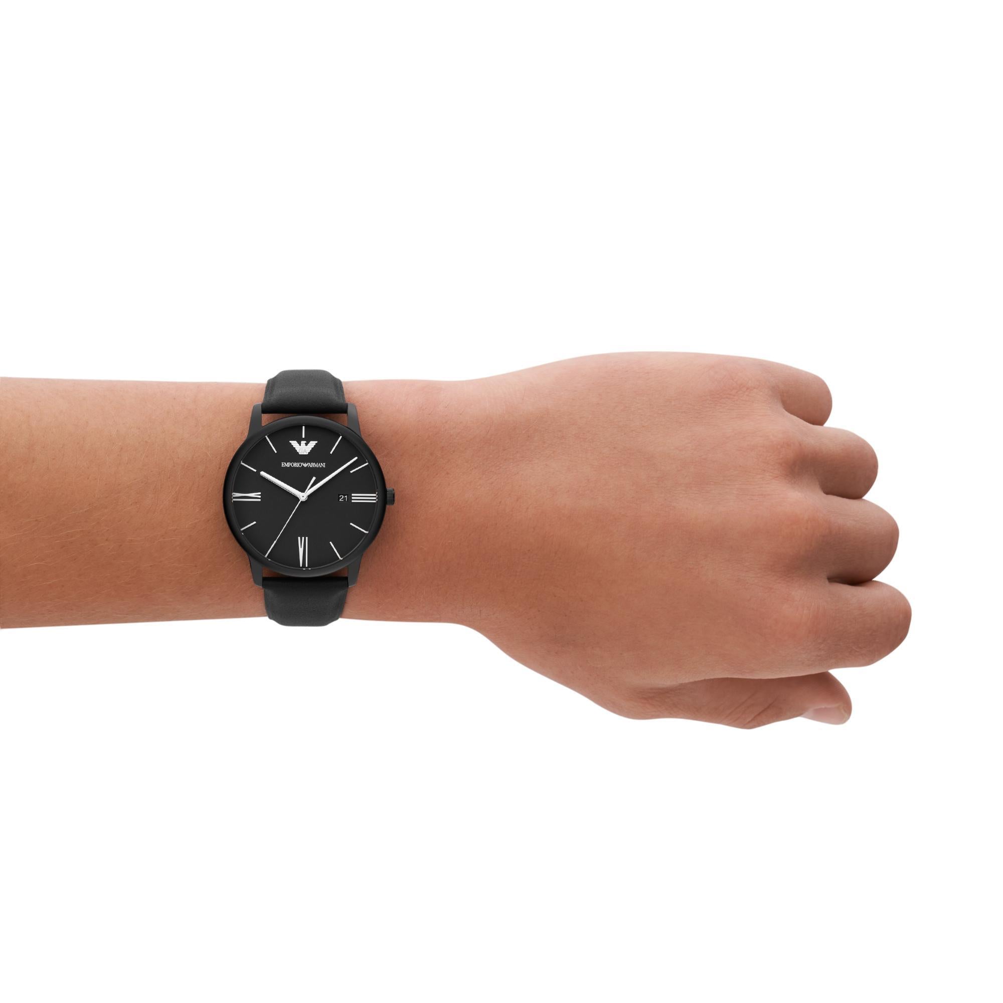 Emporio Armani Gianni T-Bar 42mm Black Dial Leather Mens Quartz Watch AR11573