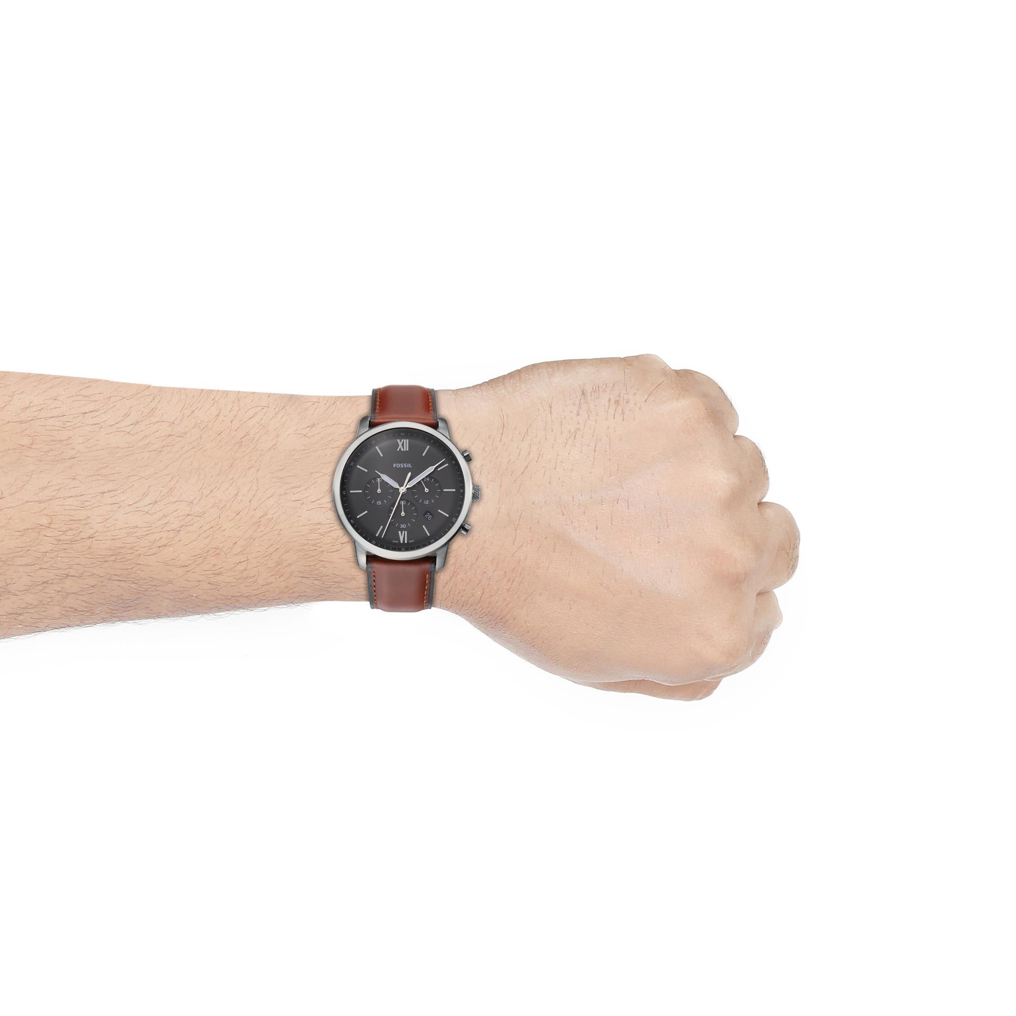 Fossil Neutra 44mm Chronograph Graues Zifferblatt Leder Herren Quarz Uhr FS5512