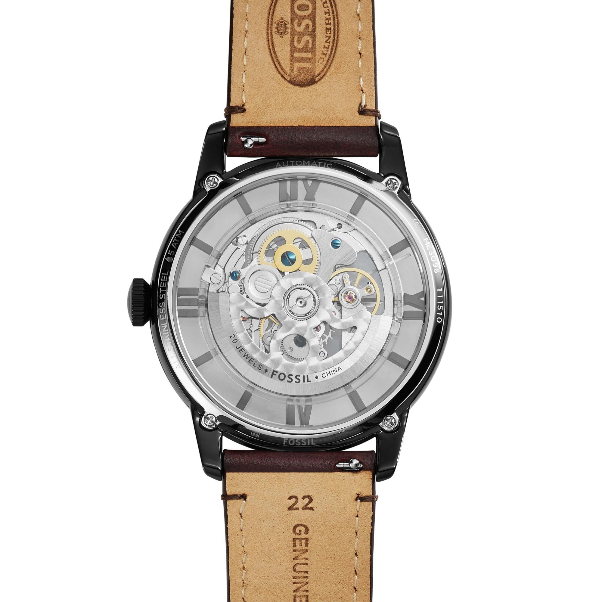 Fossil Townsman 44mm Skeleton Braunes Zifferblatt Leder Herren Automatik Uhr ME3098