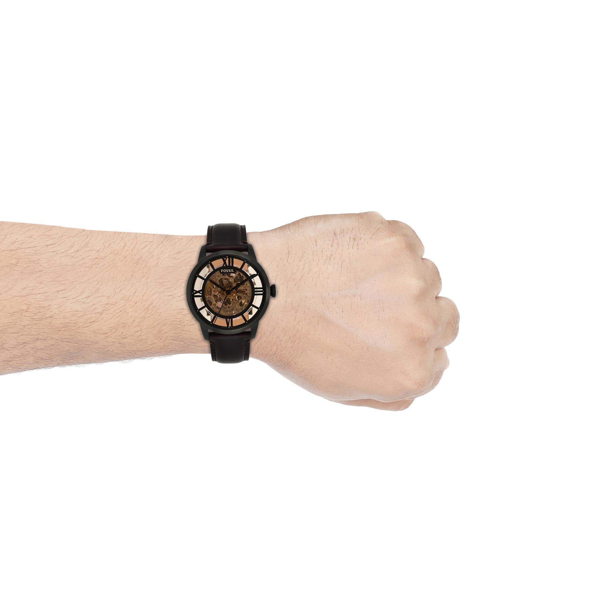 Fossil Townsman 44mm Skeleton Braunes Zifferblatt Leder Herren Automatik Uhr ME3098