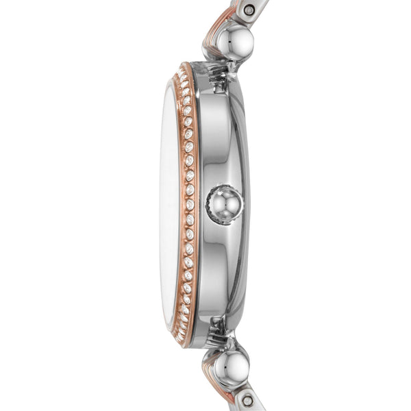 Fossil Carlie 28mm White Mother of Pearl Dial Steel Ladies Quartz Watch ES4649