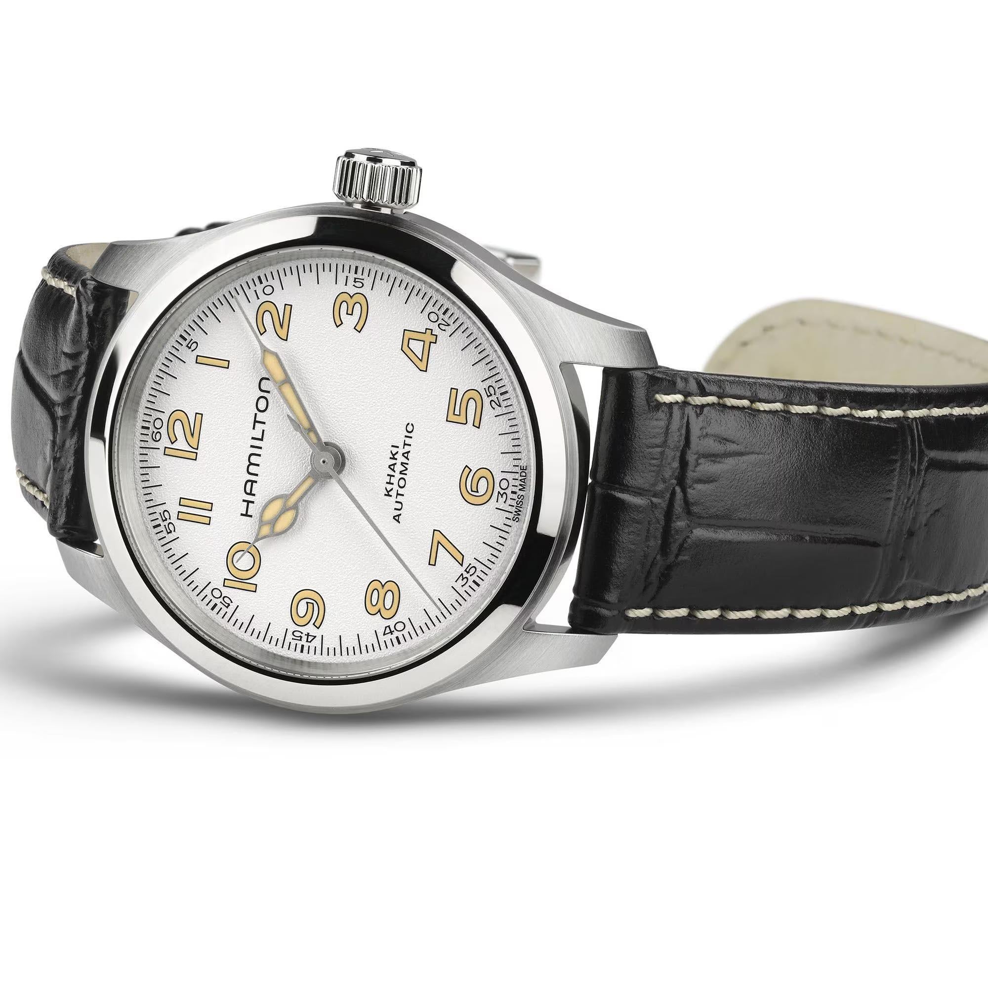 Hamilton Khaki Field 38mm Murph antique-white dial black leather automatic watch H70405710