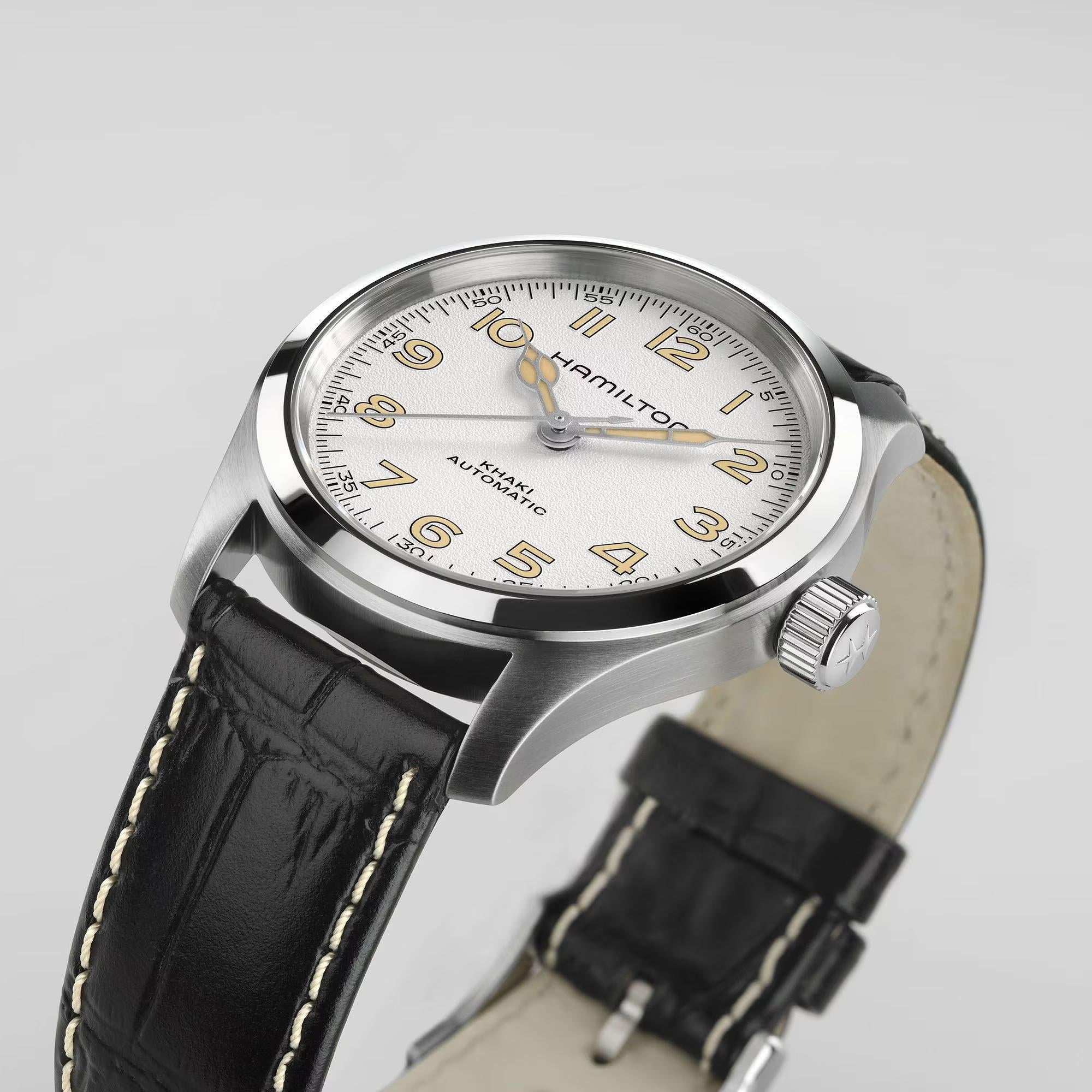 Hamilton Khaki Field 38mm Murph antique-white dial black leather automatic watch H70405710