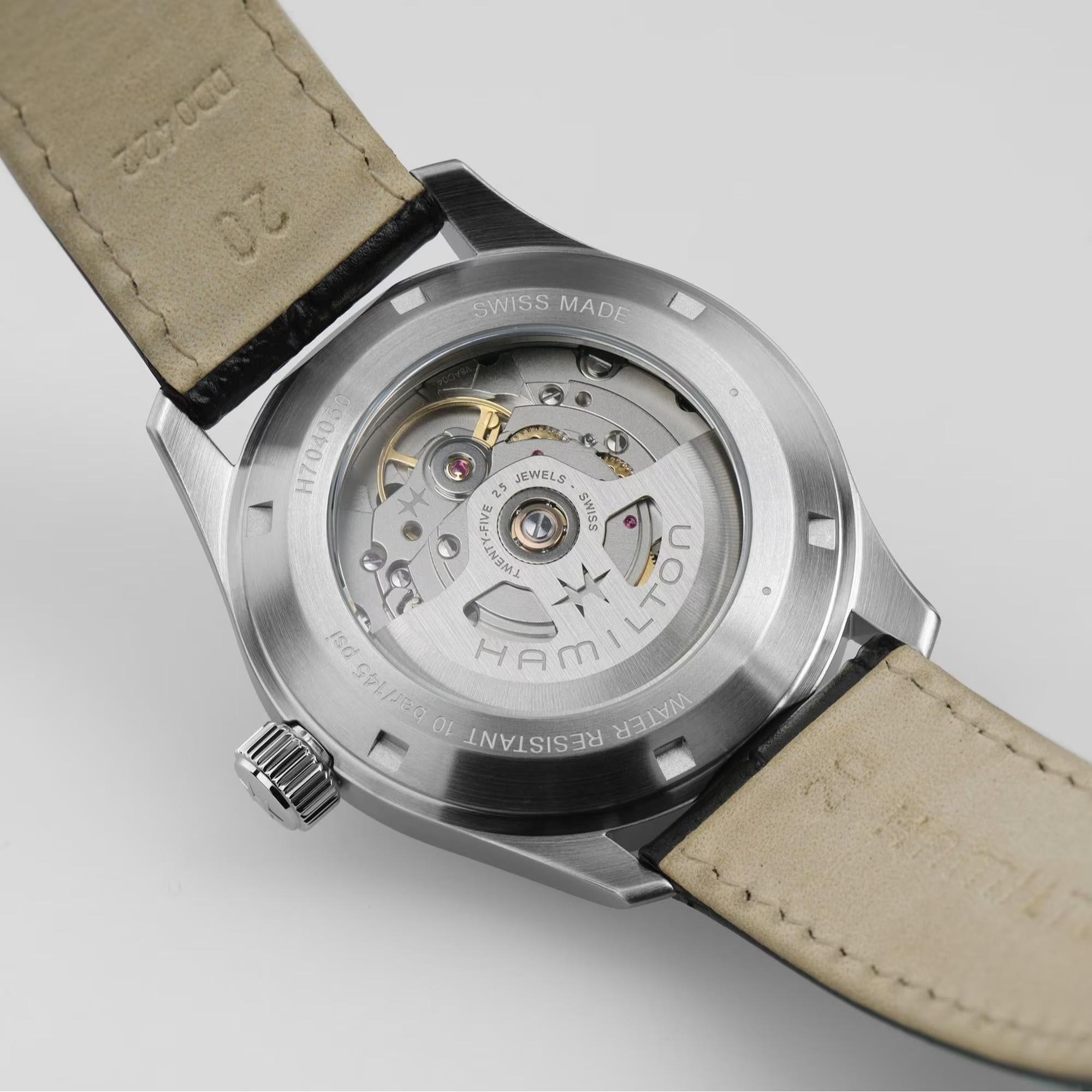 Hamilton H70405710 transparent caseback revealing H-10 automatic movement