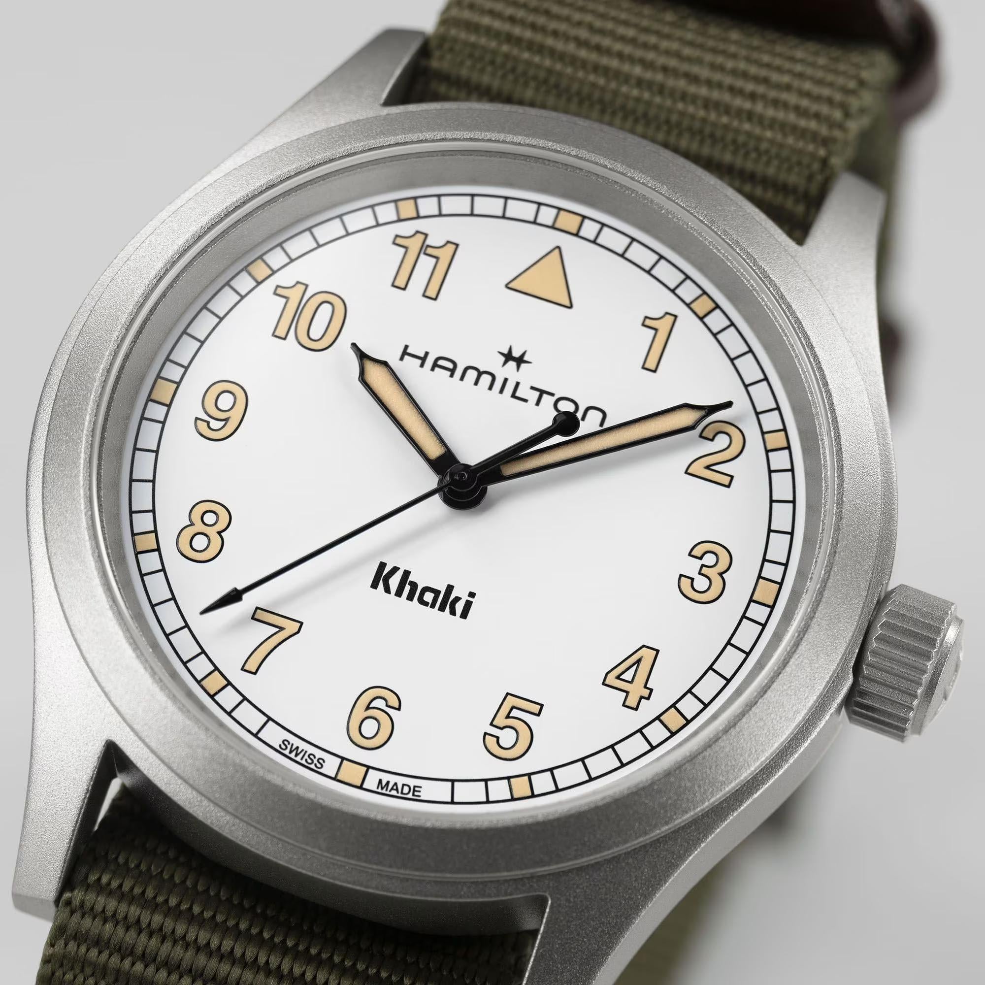 Hamilton Khaki Field H69401910 white dial with vintage-style luminous indices close-up