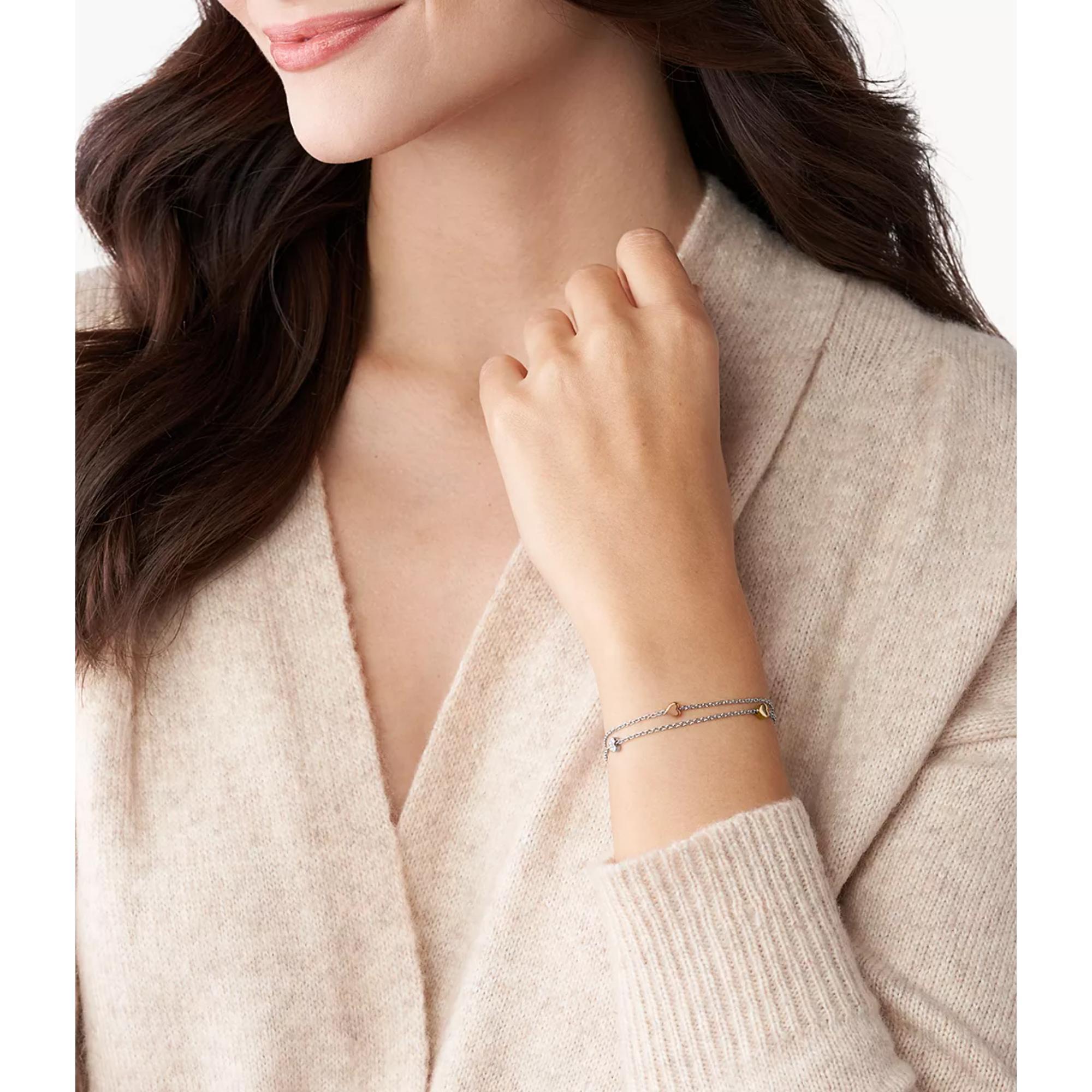 Fossil Herz Tri-Tone Edelstahl Doppel-Kette Damen Armband JF02854998