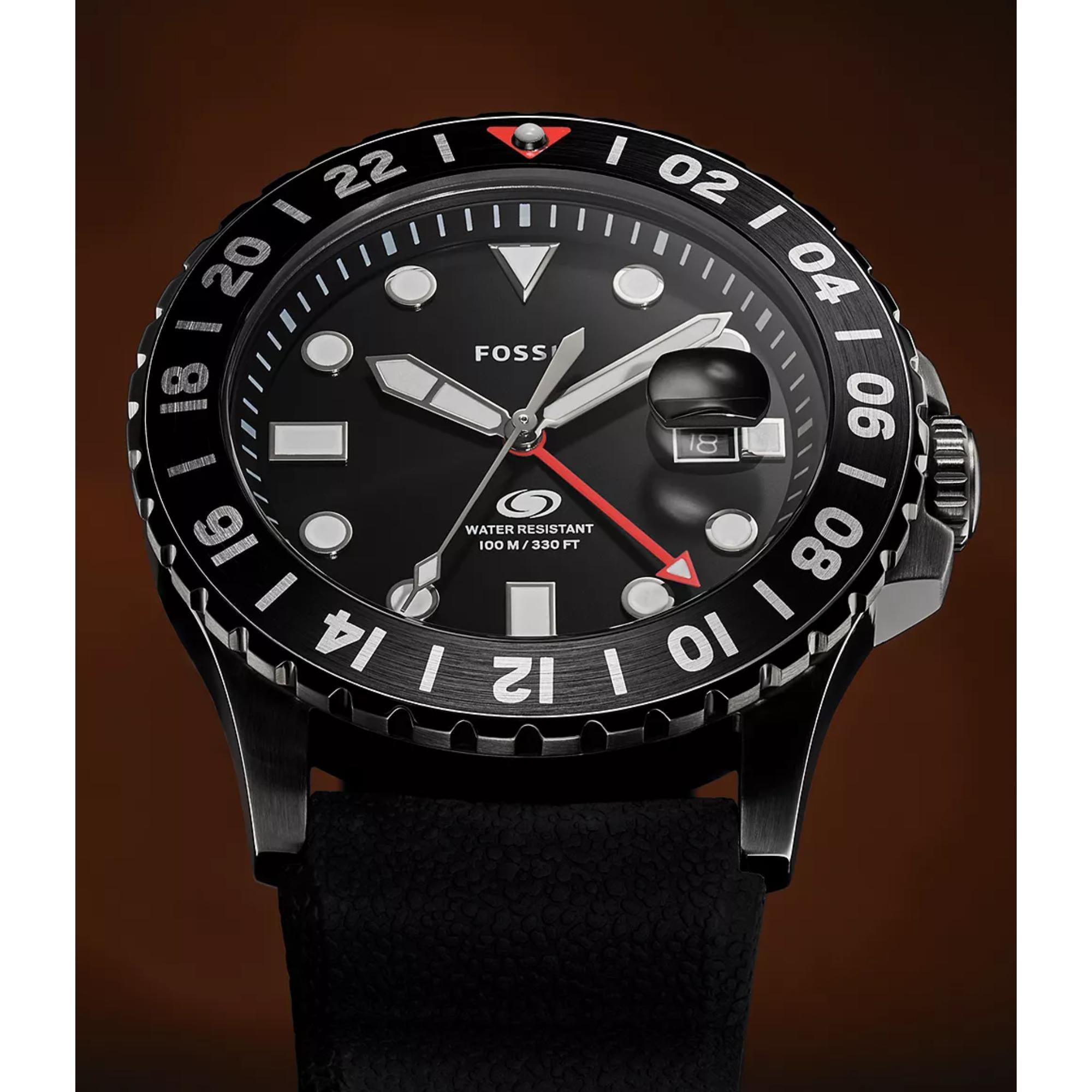Fossil Blue GMT 46mm Black Dial Silicone Mens Quartz Watch FS6036