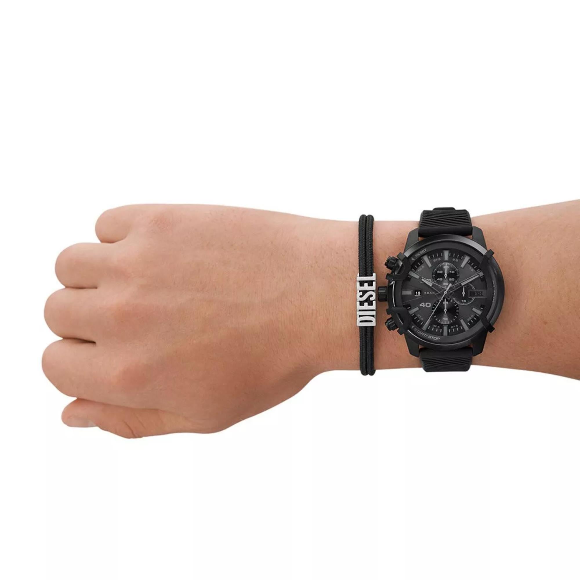 Diesel Griffed 48mm Chronograph Black Dial Silicone Mens Quartz Watch and Bracelet Set DZ4650SET