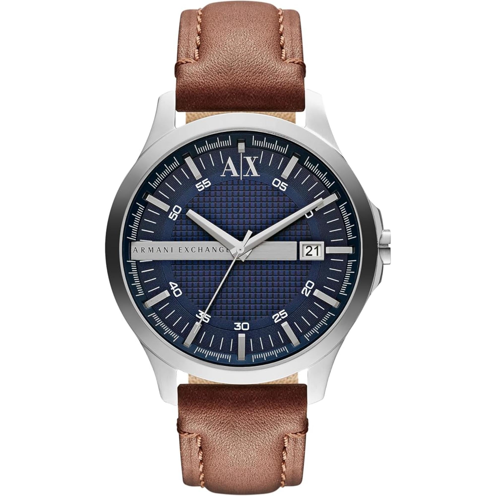 Armani Exchange Date Navy Blue Dial Leather Strap Men's Watch AX2133