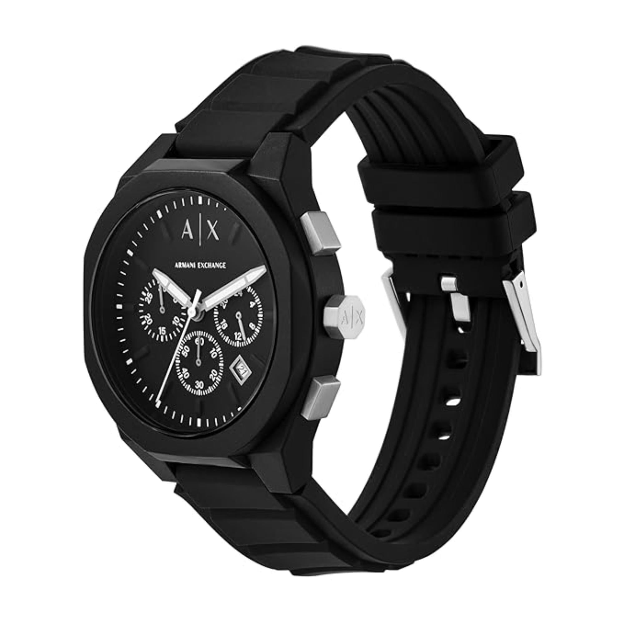 Armani Exchange Rafael 44mm Chronograph Black Dial Silicone Mens Quartz Watch AX4161