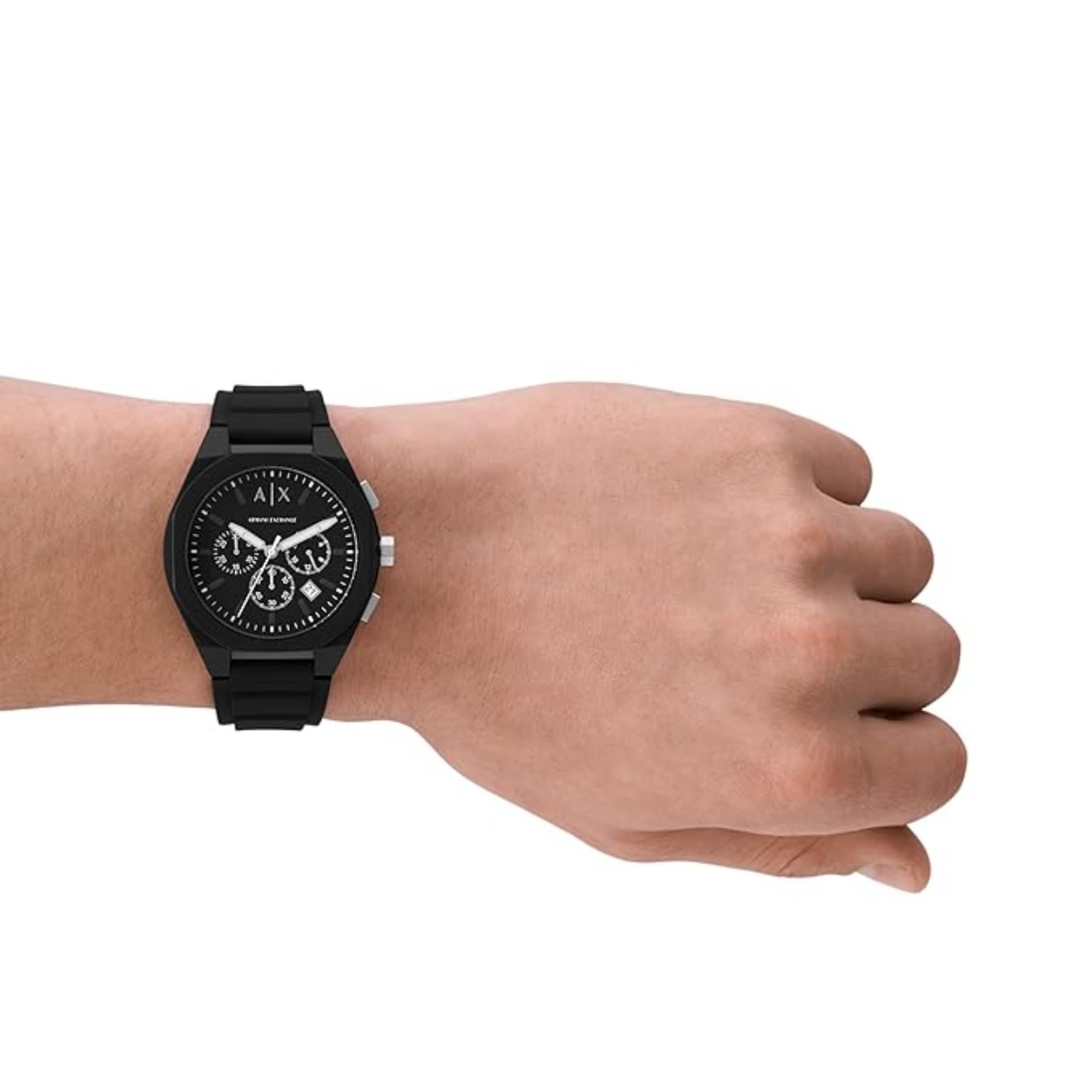 Armani Exchange Rafael 44mm Chronograph Black Dial Silicone Mens Quartz Watch AX4161