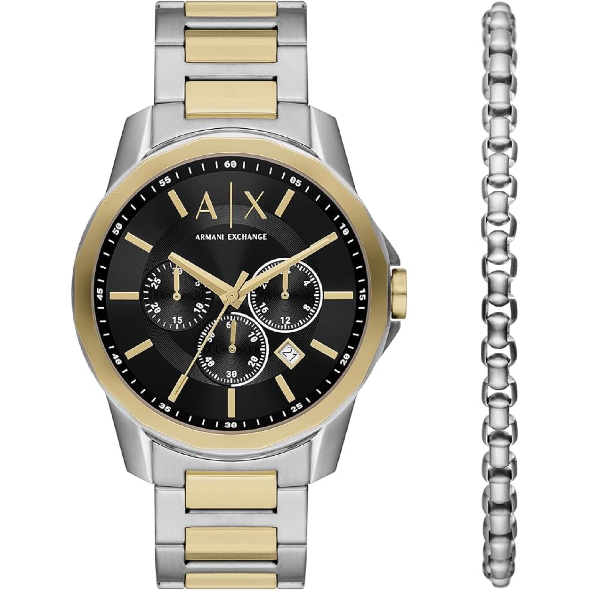 Armani Exchange Banks 44mm Chronograph Black Dial Steel  Mens Quarts Watch and Bracelet Set AX7148SET