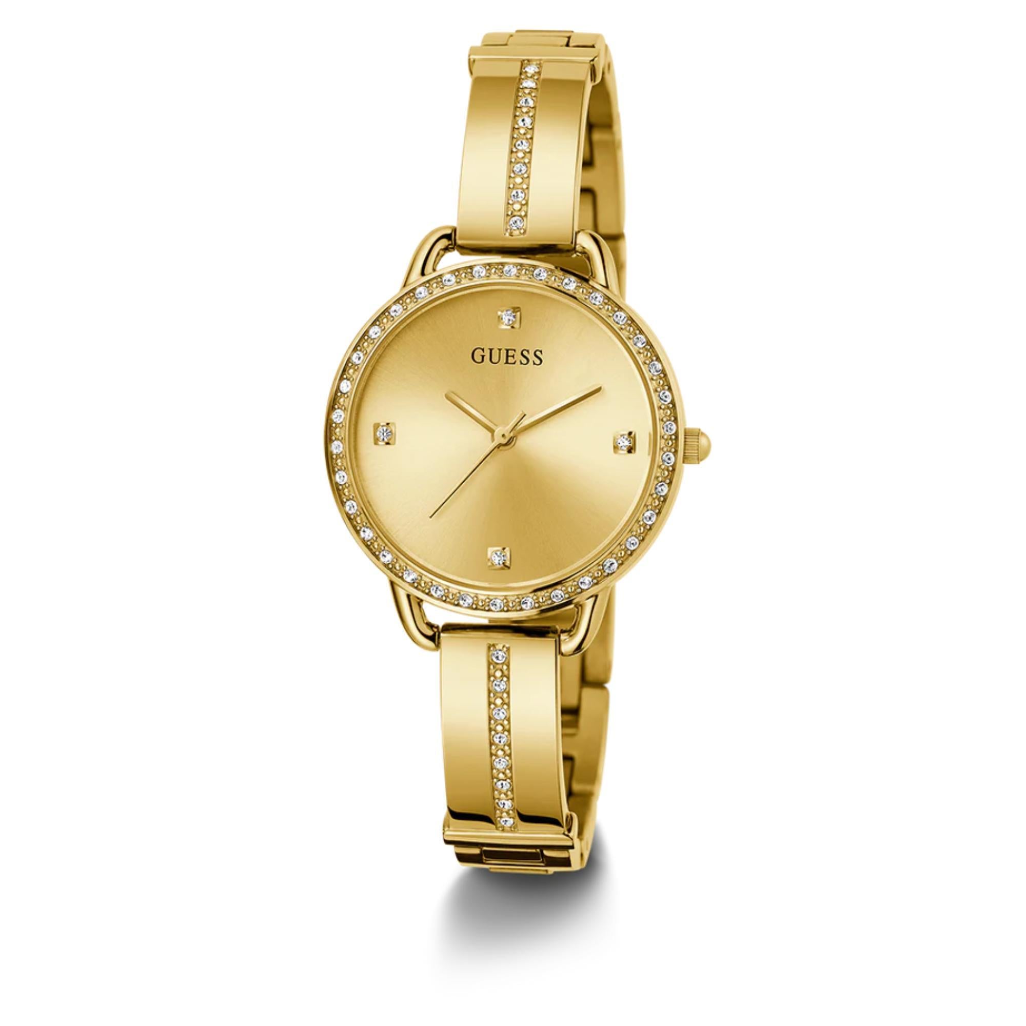GUESS Damen Goldfarbene Edelstahlarmband Analog Champagner Zifferblatt Uhr GW0022L2