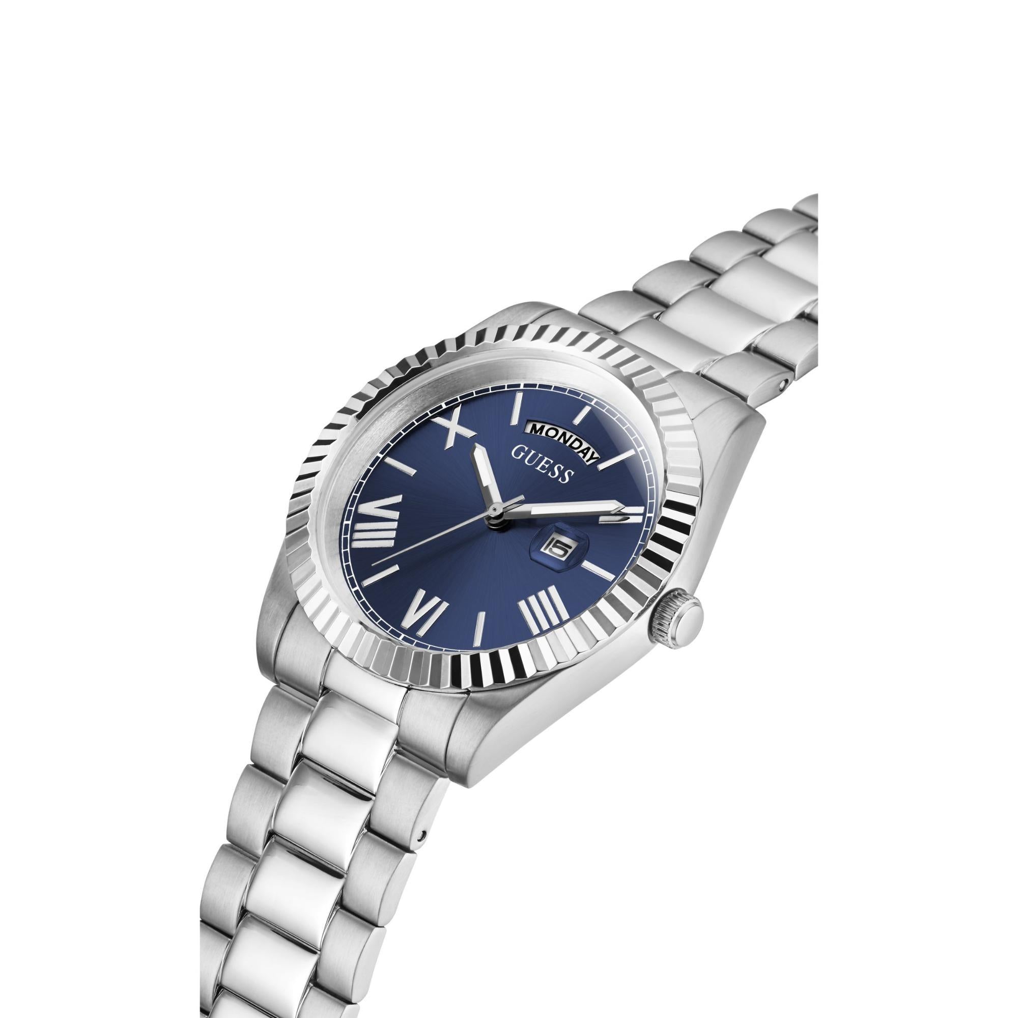GUESS Men's Silver Tone Day/Date Blue Dial Watch with Stainless Steel Strap GW0265G7