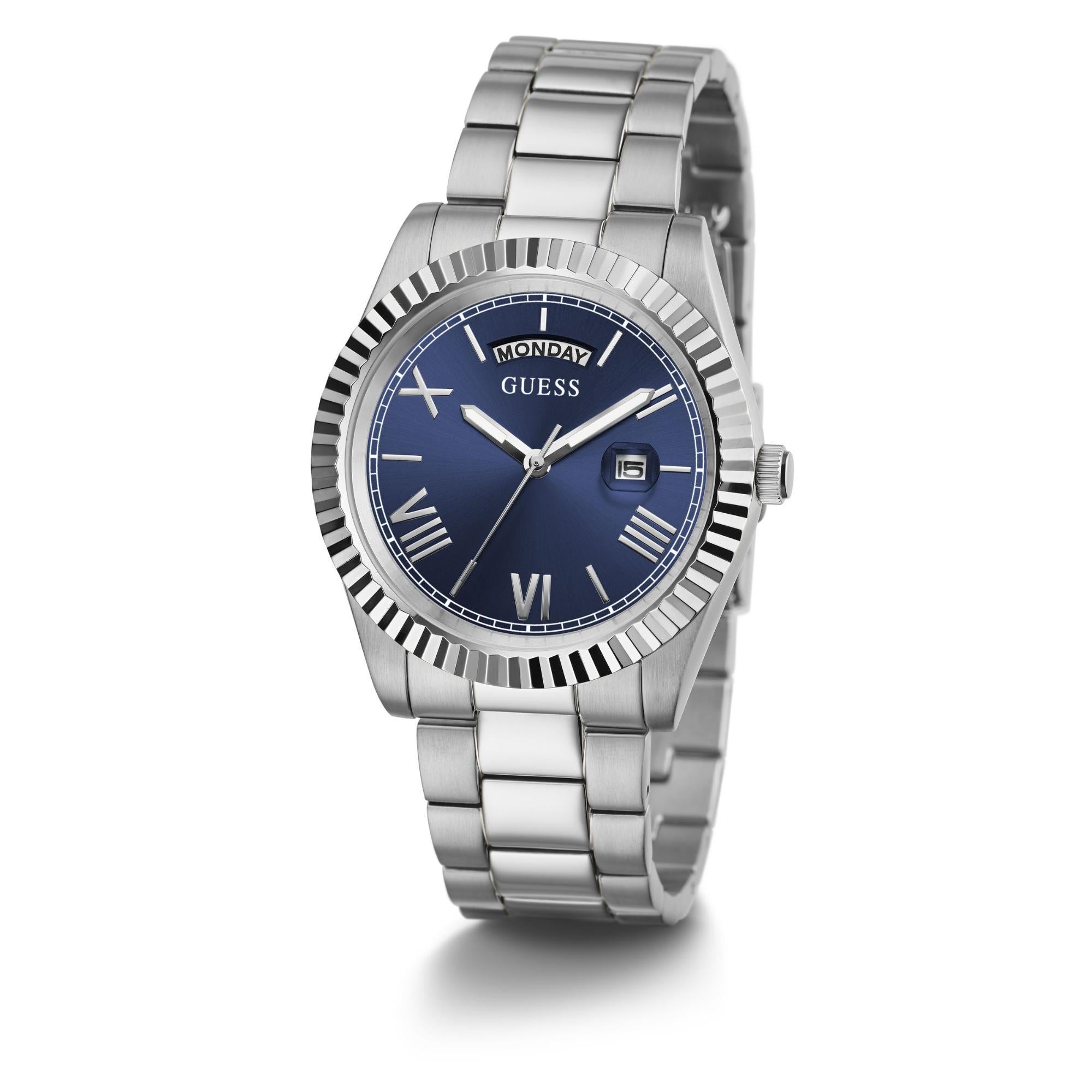 GUESS Men's Silver Tone Day/Date Blue Dial Watch with Stainless Steel Strap GW0265G7