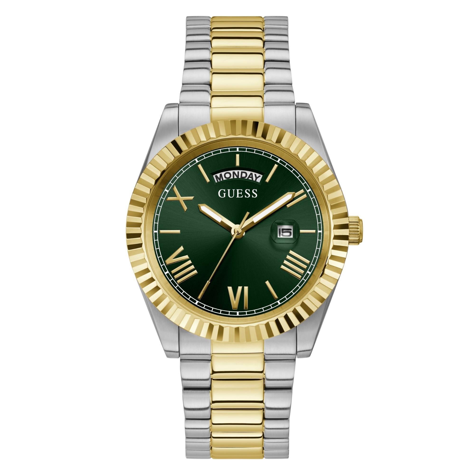 GUESS Men's Two-Tone Day/Date Green Dial Watch with Stainless Steel Strap GW0265G8