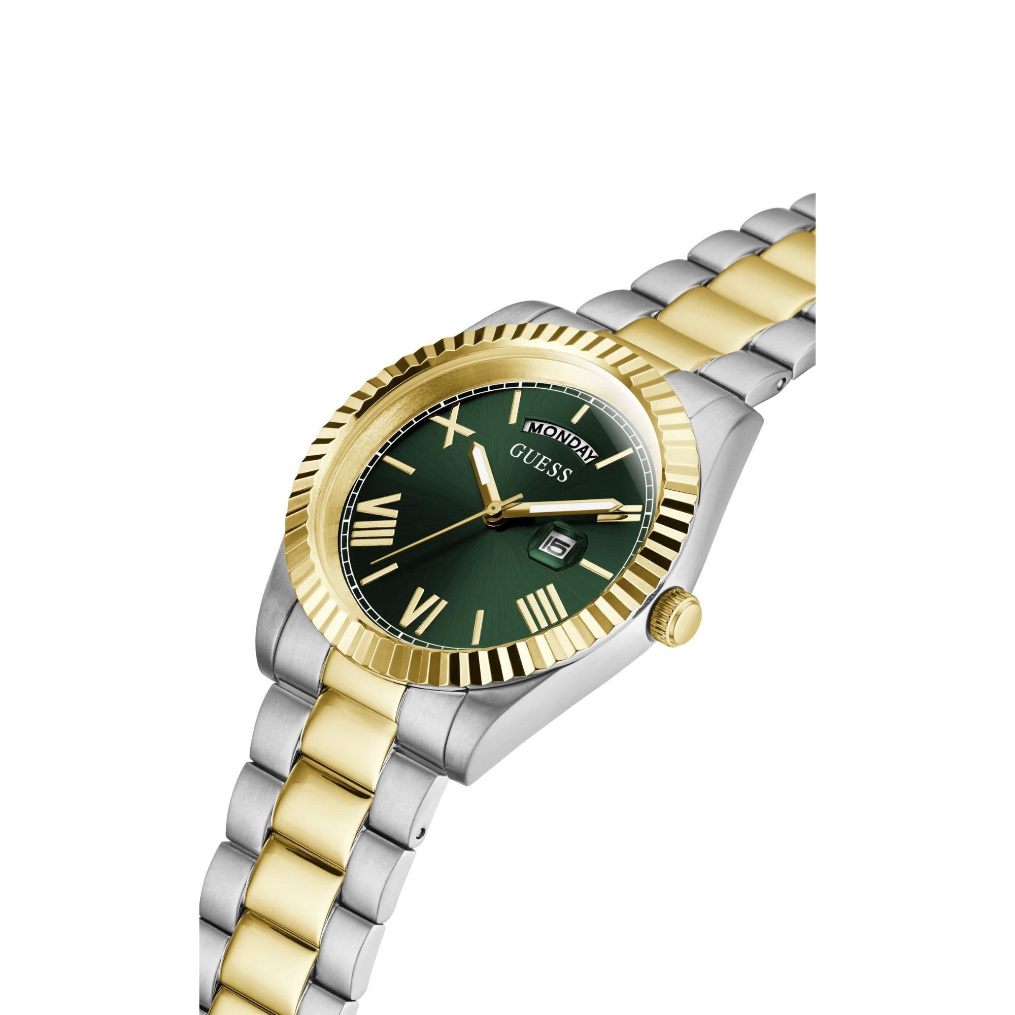 GUESS Men's Two-Tone Day/Date Green Dial Watch with Stainless Steel Strap GW0265G8