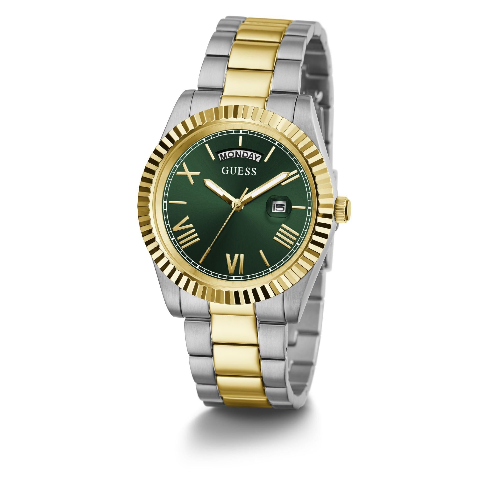 GUESS Men's Two-Tone Day/Date Green Dial Watch with Stainless Steel Strap GW0265G8