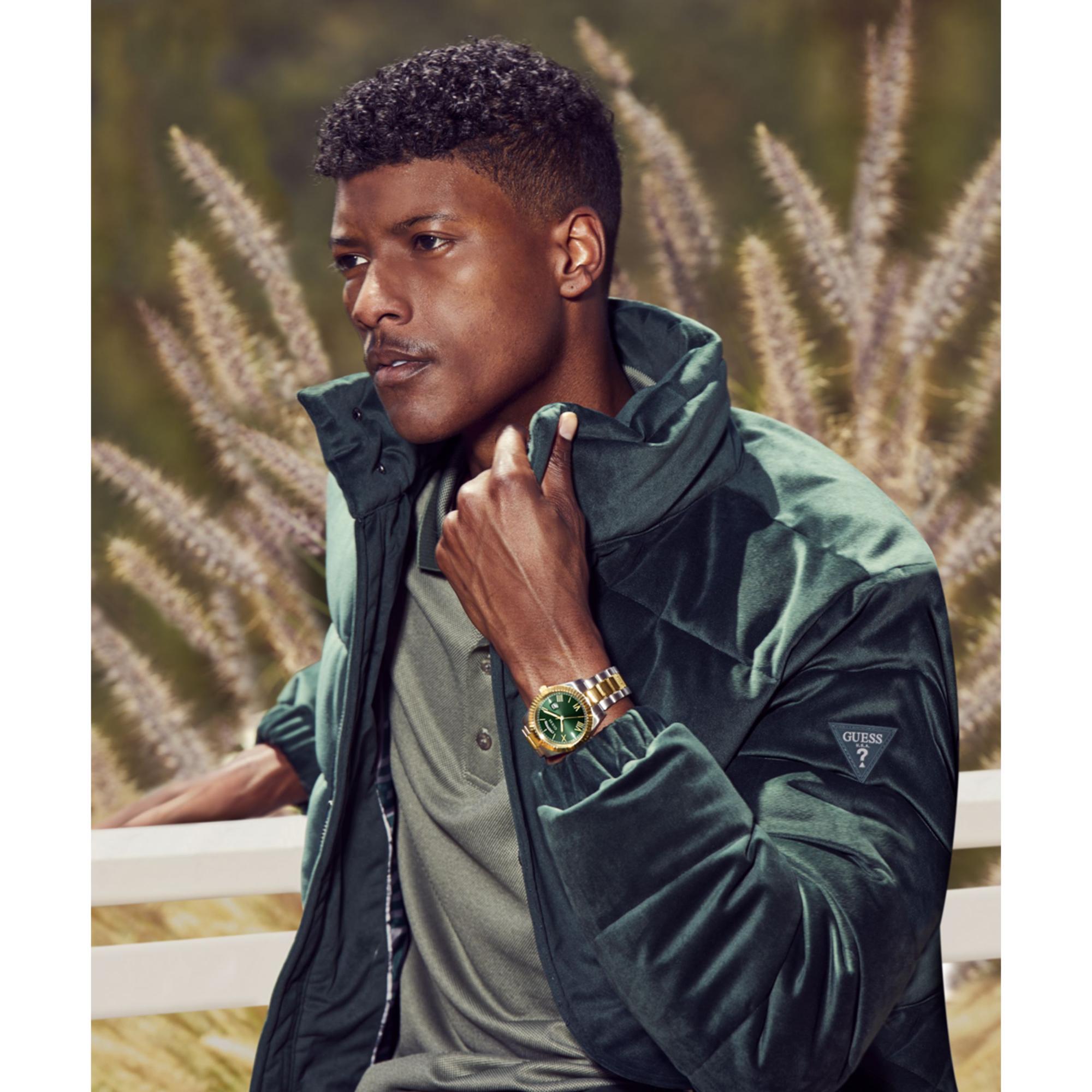 GUESS Men's Two-Tone Day/Date Green Dial Watch with Stainless Steel Strap GW0265G8