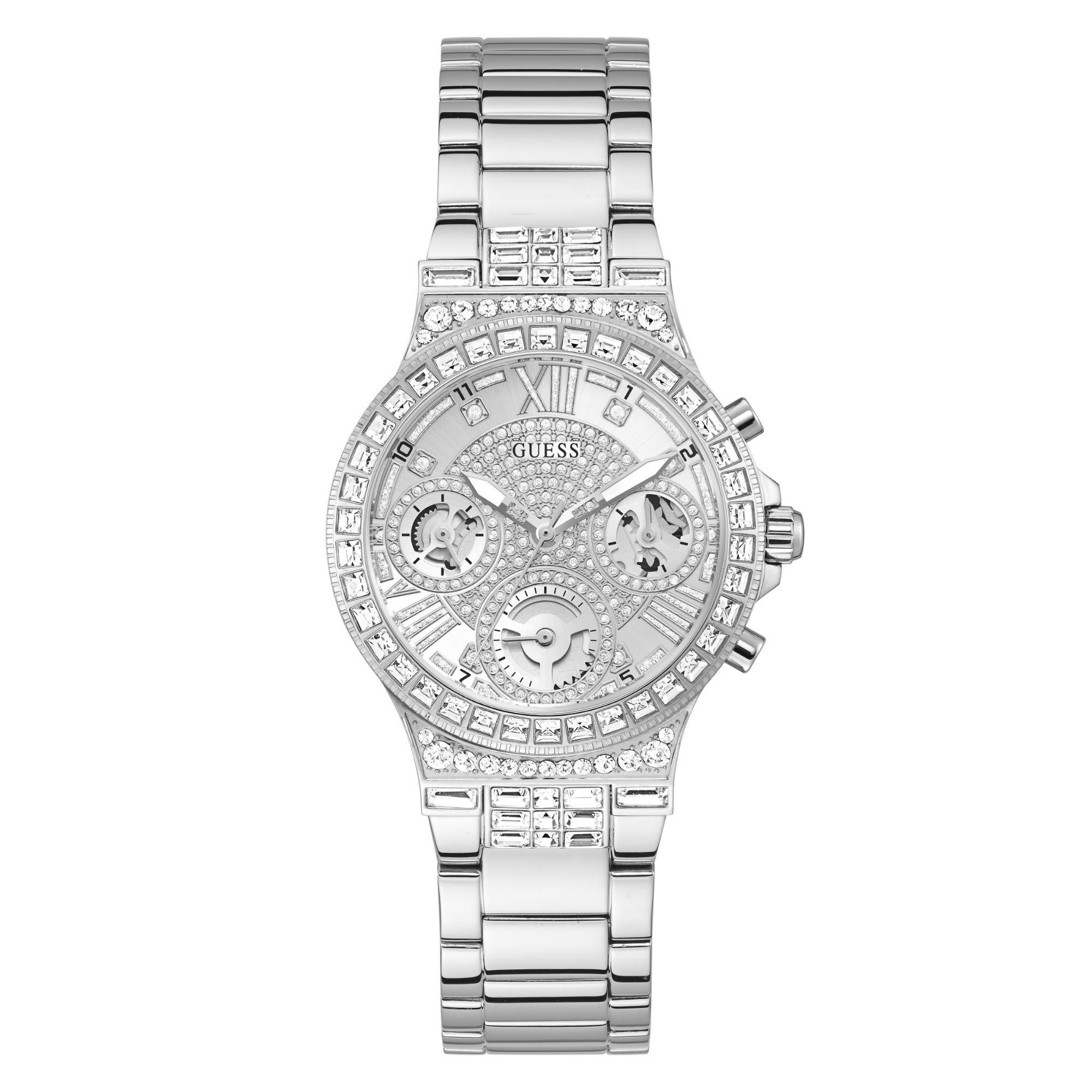 Guess Damen Moonlight Silber Zifferblatt Uhr mit Edelstahlarmband GW0320L1
