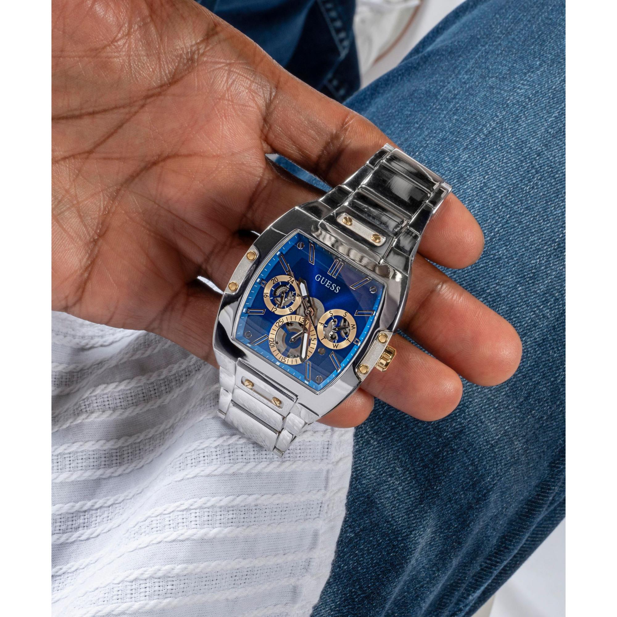GUESS Multifunktion Silberfarbene Edelstahlarmband Blau Zifferblatt Herren Uhr GW0456G5