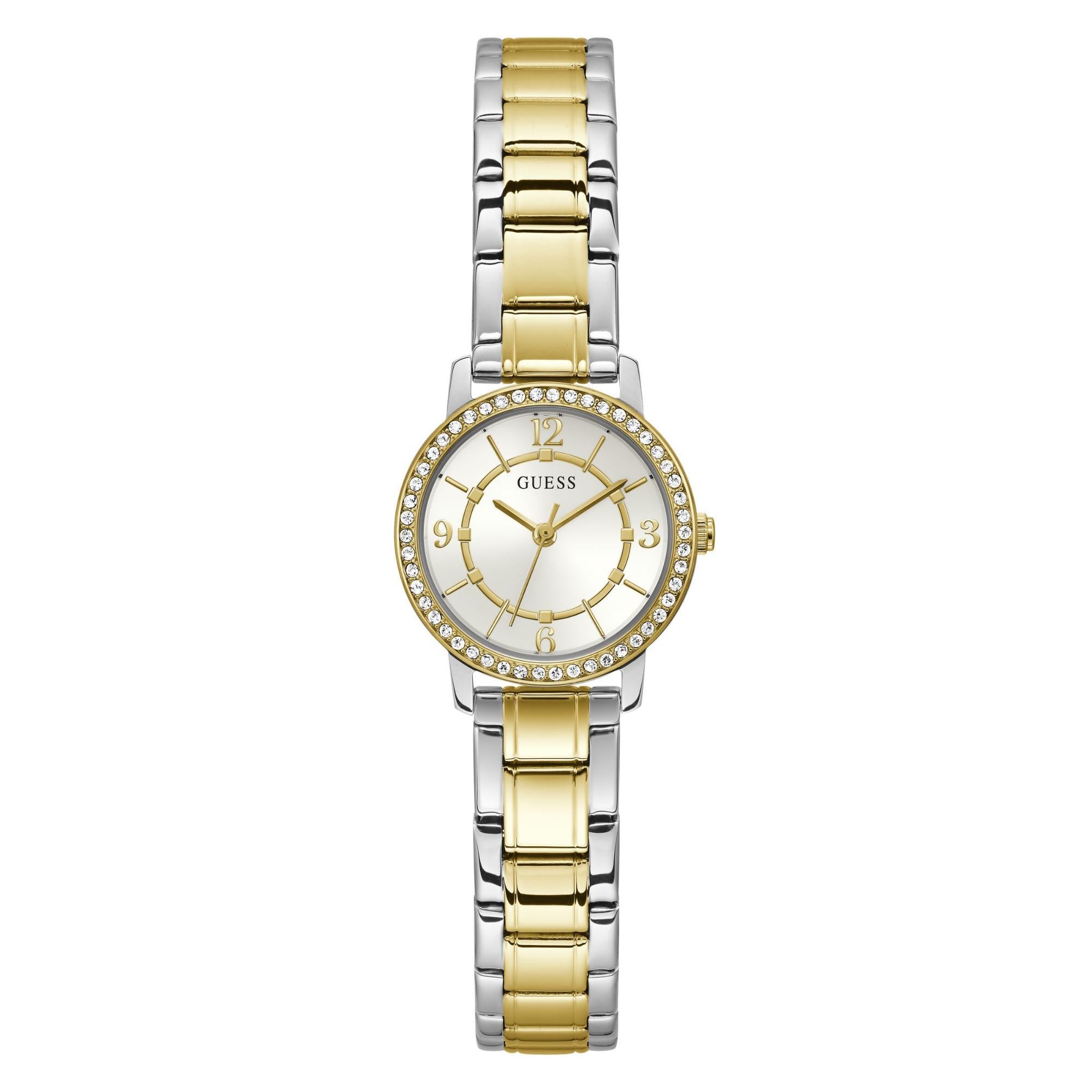 GUESS Ladies Silver/Gold Tone Two-Tone Stainless Steel Strap Analog White Dial Watch GW0468L4