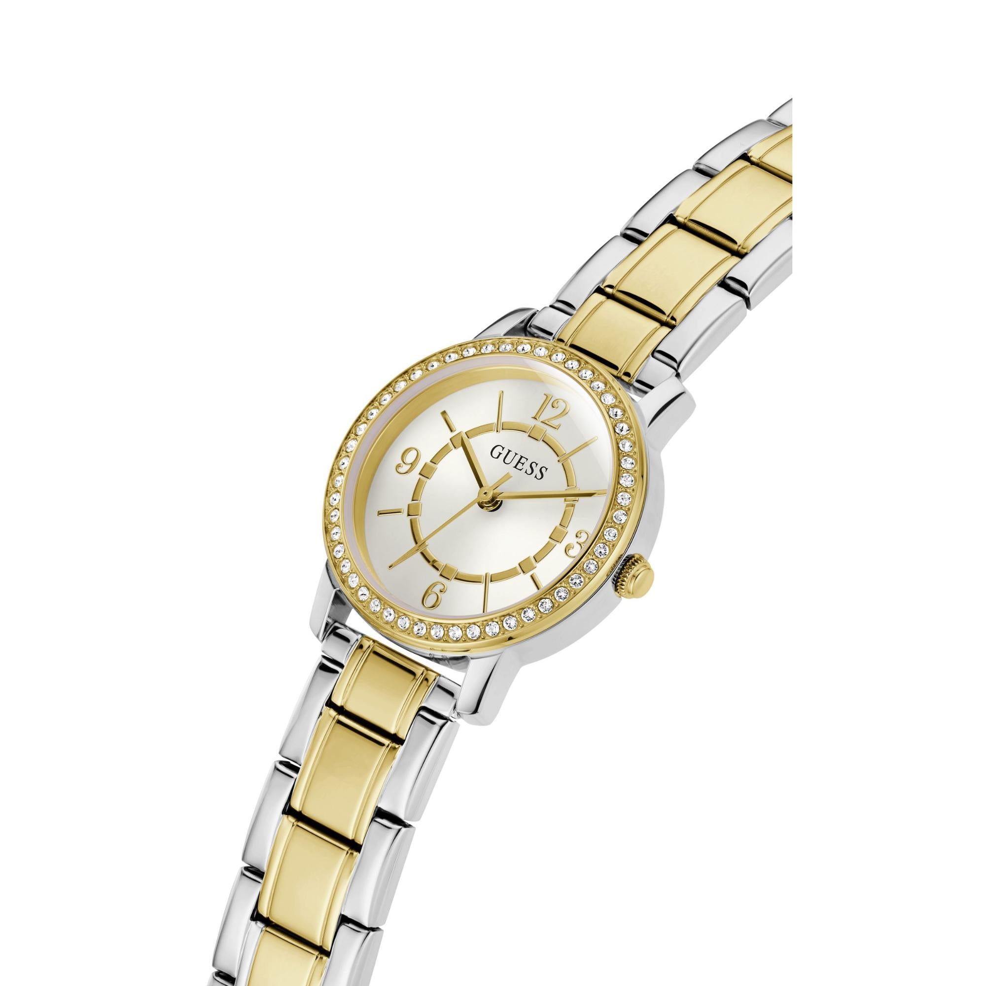 GUESS Ladies Silver/Gold Tone Two-Tone Stainless Steel Strap Analog White Dial Watch GW0468L4