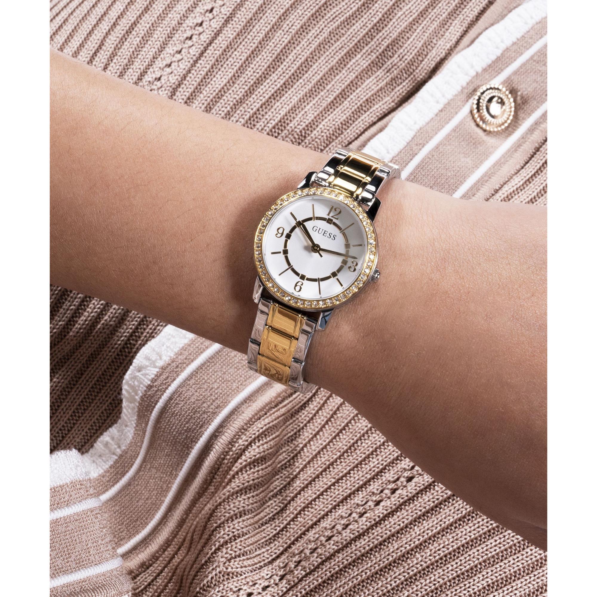 GUESS Ladies Silver/Gold Tone Two-Tone Stainless Steel Strap Analog White Dial Watch GW0468L4