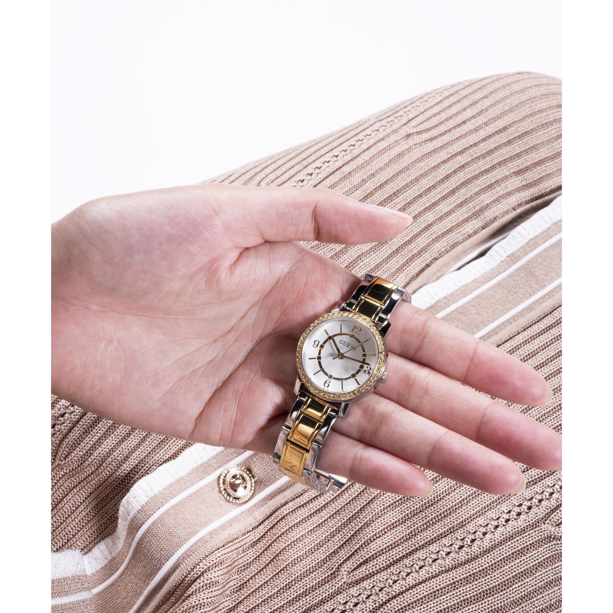 GUESS Ladies Silver/Gold Tone Two-Tone Stainless Steel Strap Analog White Dial Watch GW0468L4