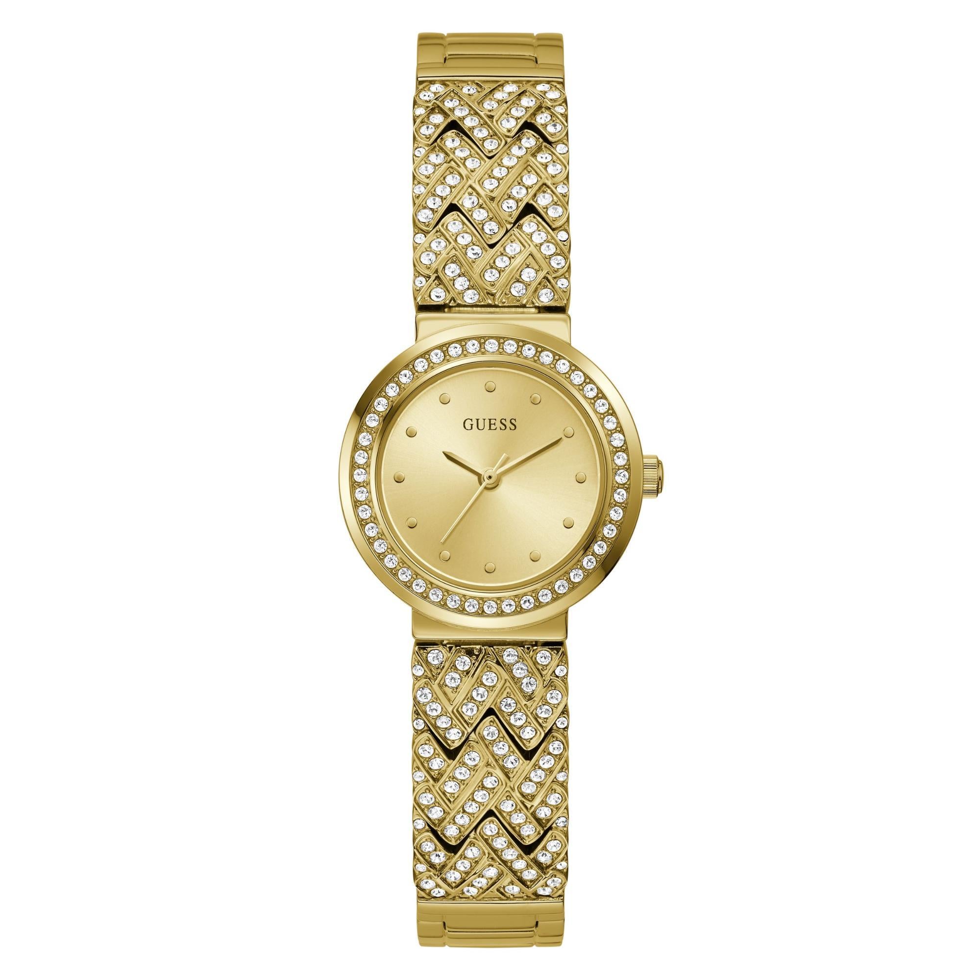 GUESS Damen Goldfarbene Analog Champagner Zifferblatt Uhr mit Edelstahlarmband GW0476L2