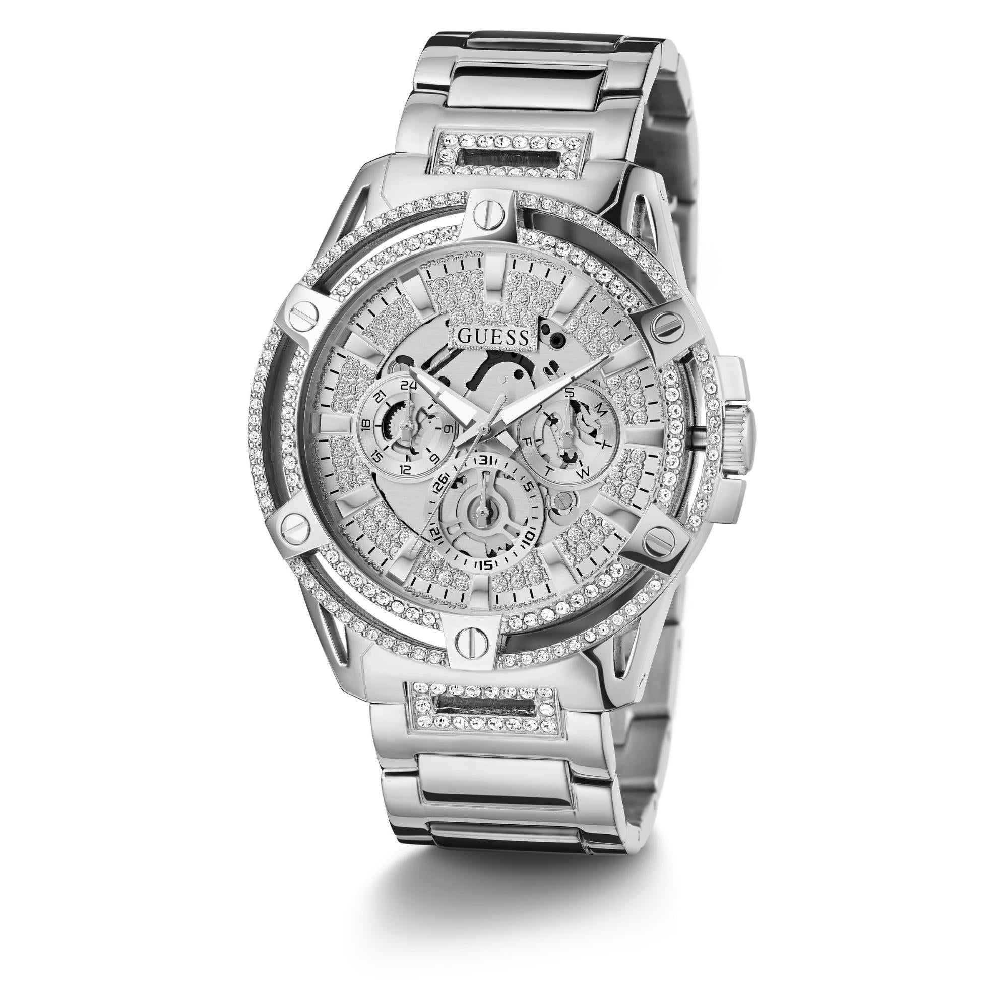 Guess Edelstahl Multifunktion Kristallisiert Tag-Datum Silber Zifferblatt Herren Uhr GW0497G1