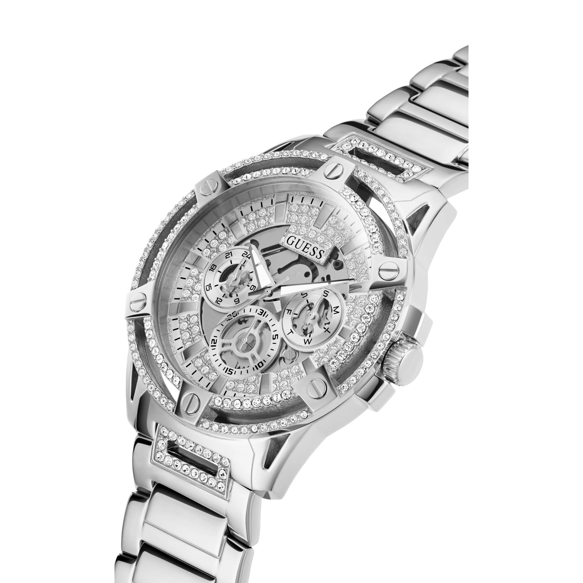 Guess Edelstahl Multifunktion Kristallisiert Tag-Datum Silber Zifferblatt Herren Uhr GW0497G1