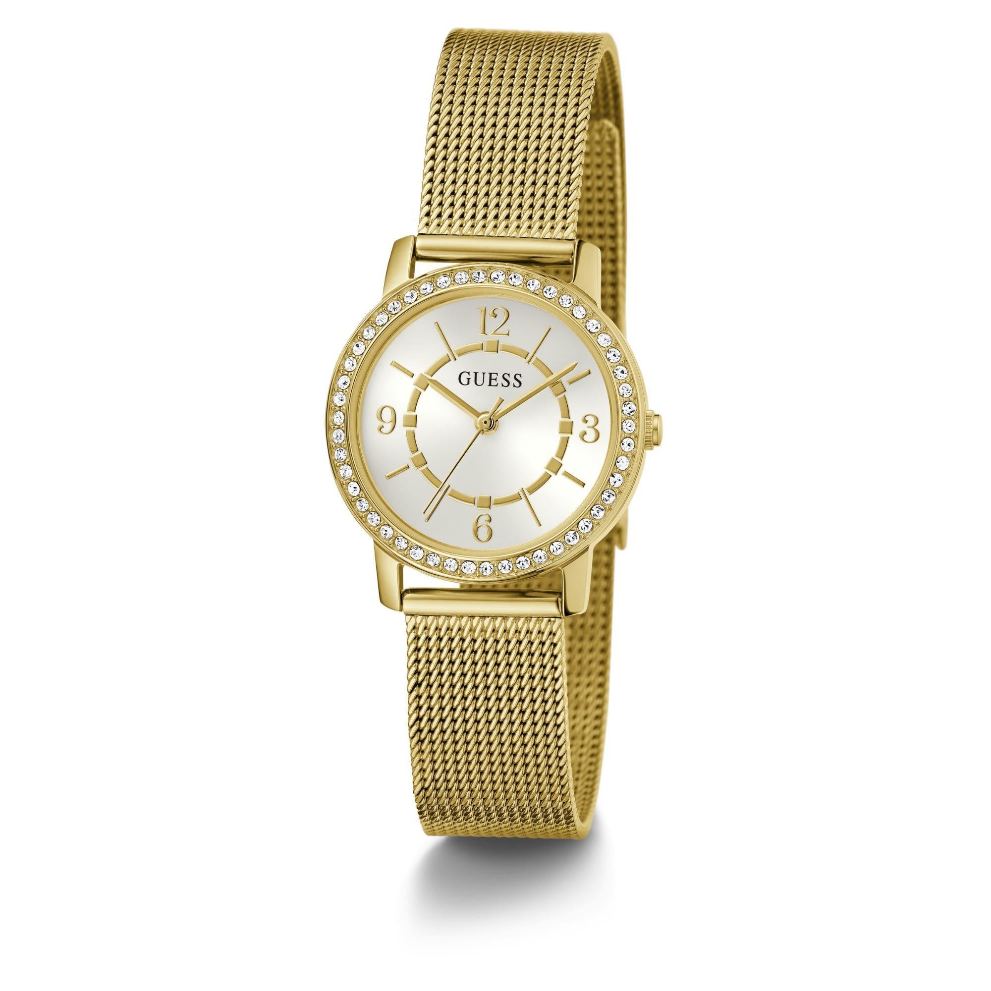 GUESS Goldfarbene Analog Weiß Zifferblatt Edelstahlarmband Damen Uhr GW0534L2
