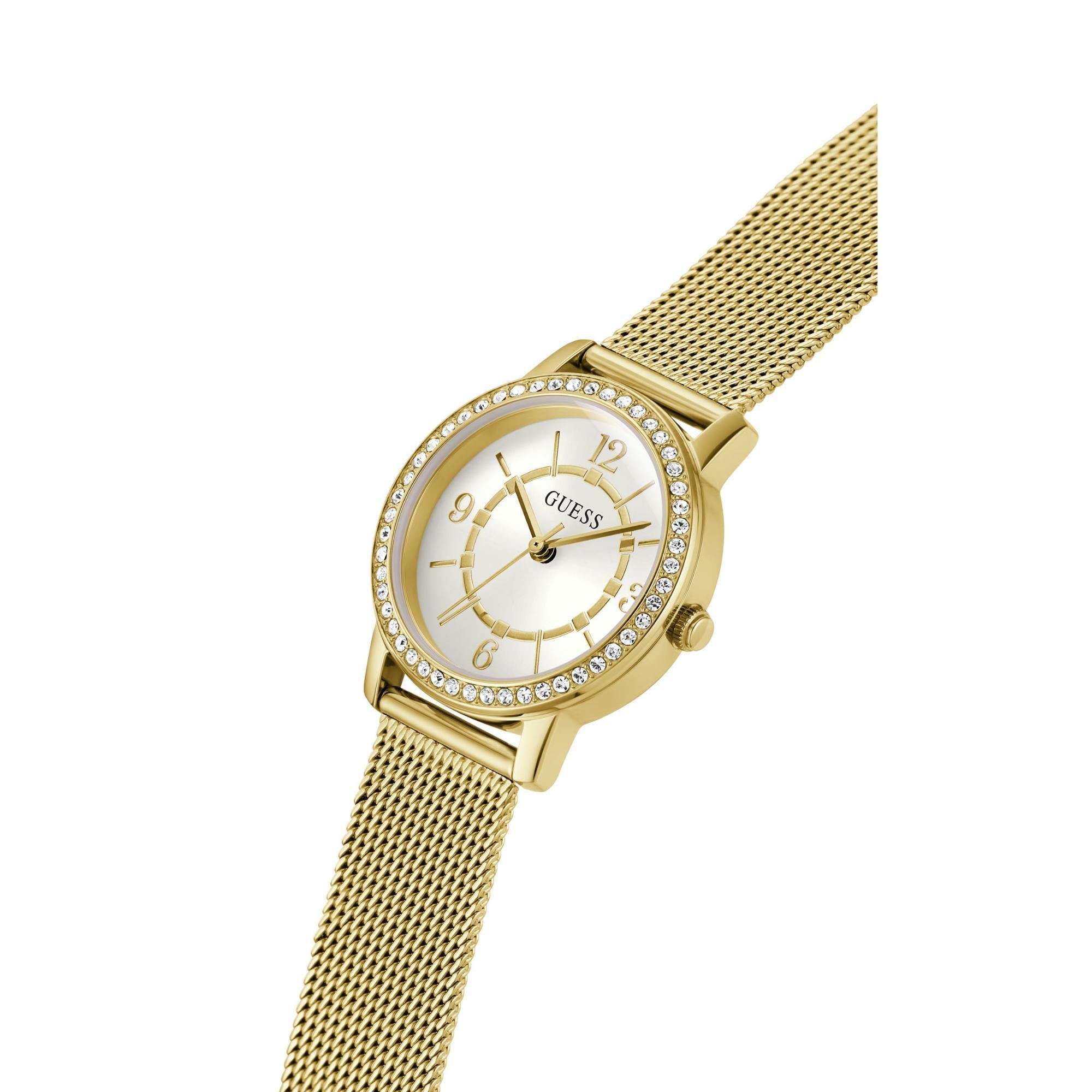 GUESS Goldfarbene Analog Weiß Zifferblatt Edelstahlarmband Damen Uhr GW0534L2