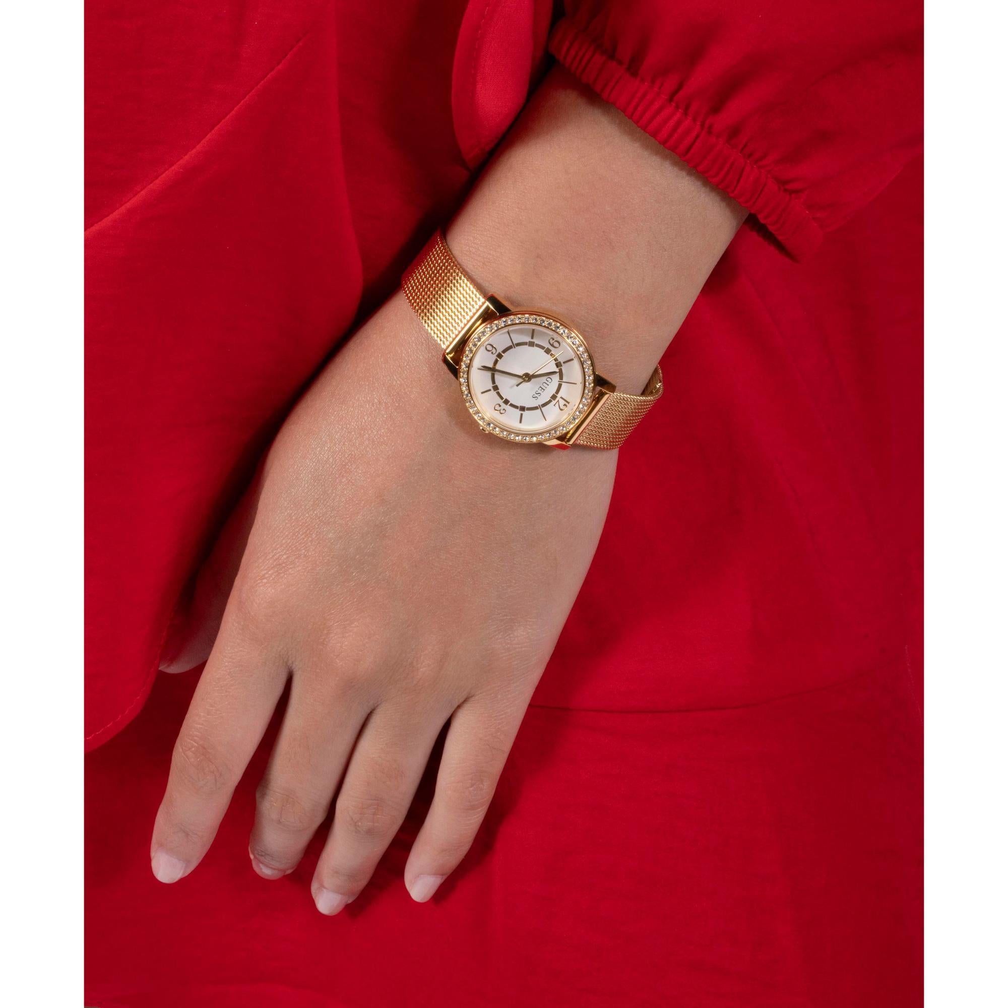GUESS Goldfarbene Analog Weiß Zifferblatt Edelstahlarmband Damen Uhr GW0534L2