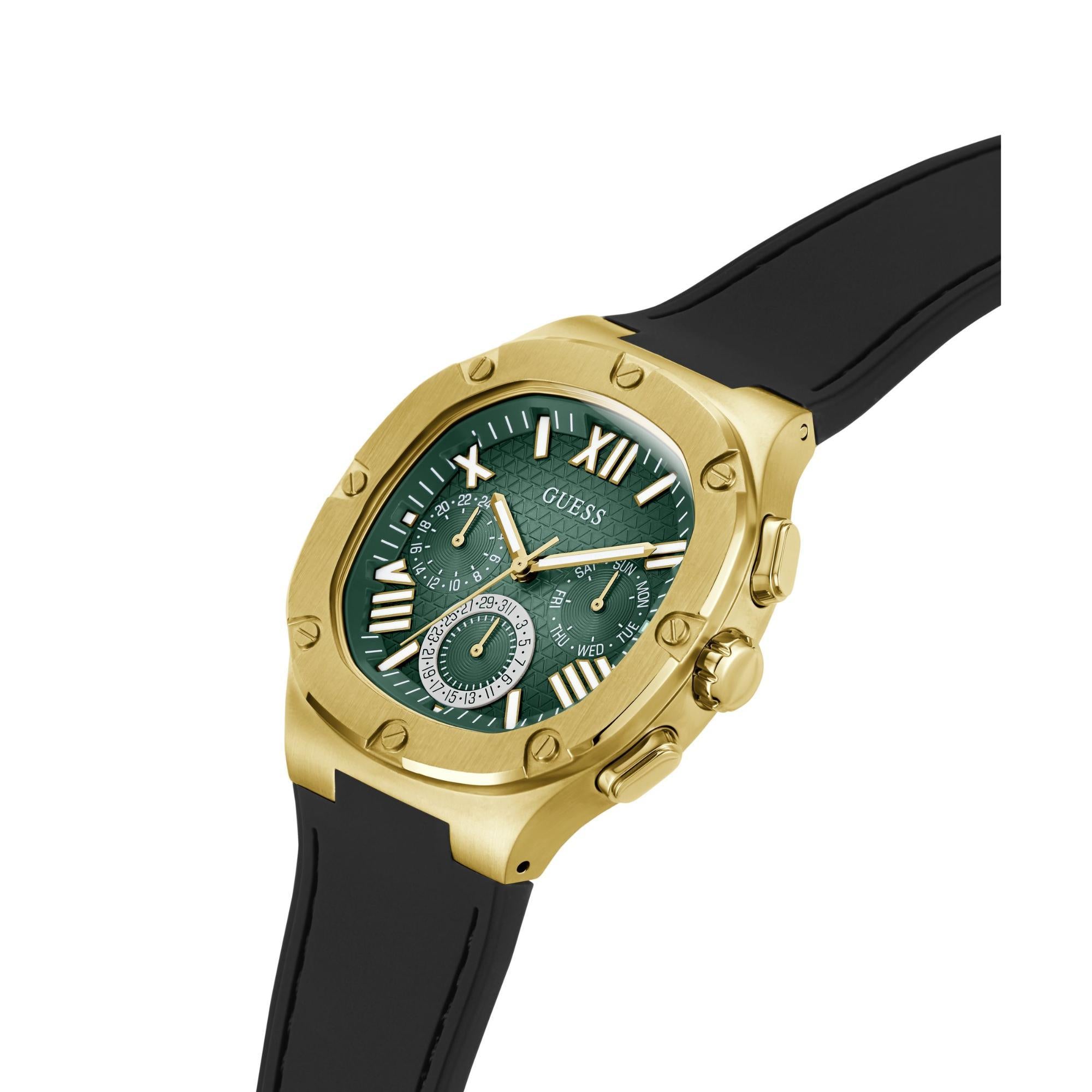 GUESS Black Gold Multi-Function Green Dial Silicone Strap Men’s Watch GW0571G3