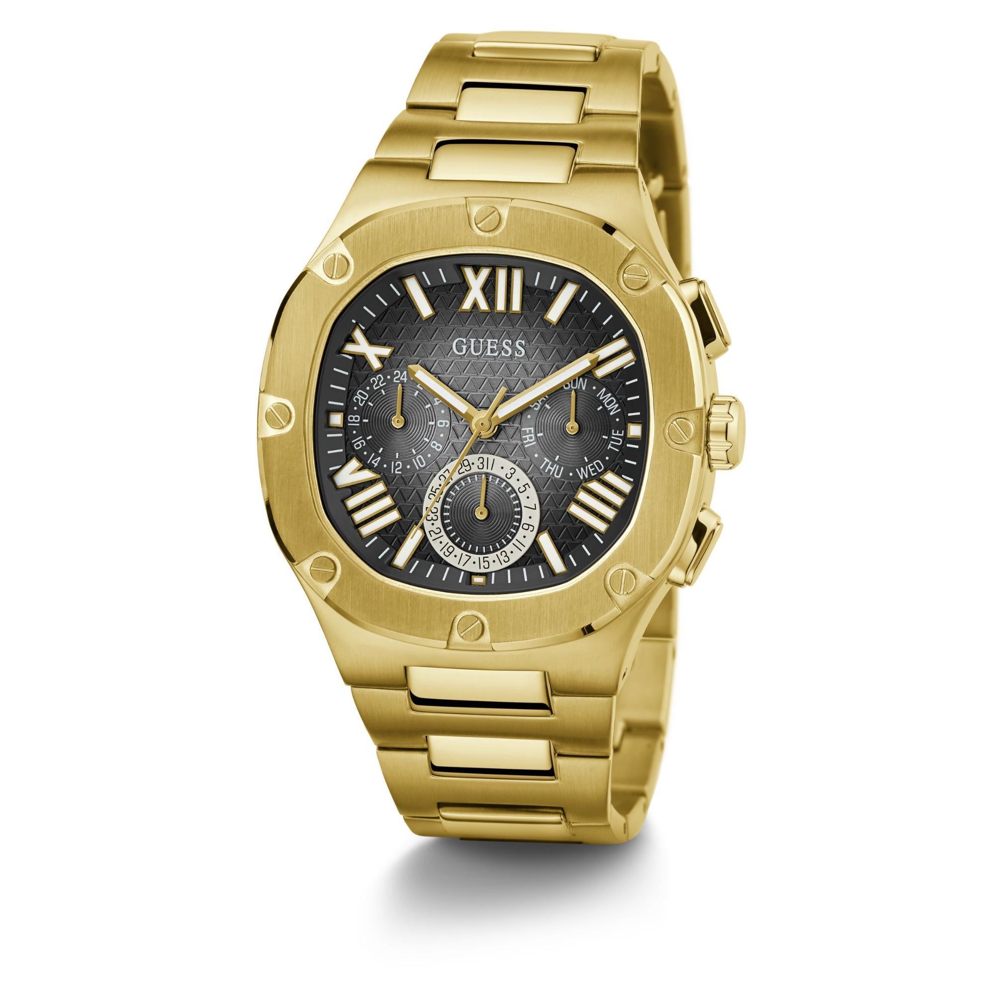 GUESS Gold Tone Multi-Function Black Dial Steel Strap Men's Watch GW0572G2