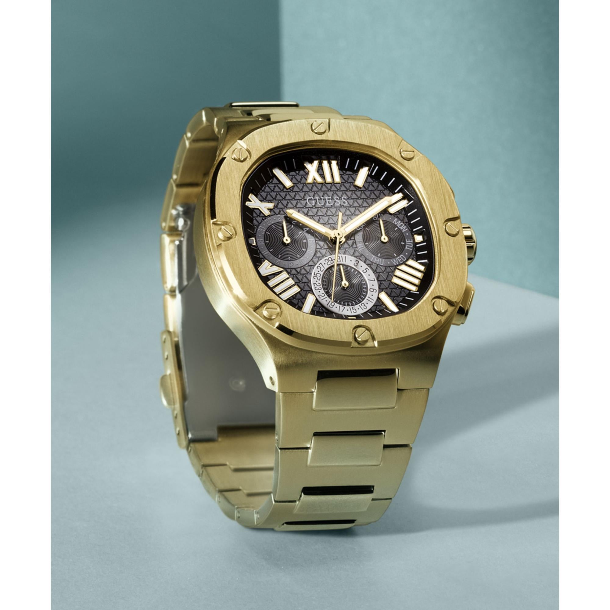 GUESS Gold Tone Multi-Function Black Dial Steel Strap Men's Watch GW0572G2