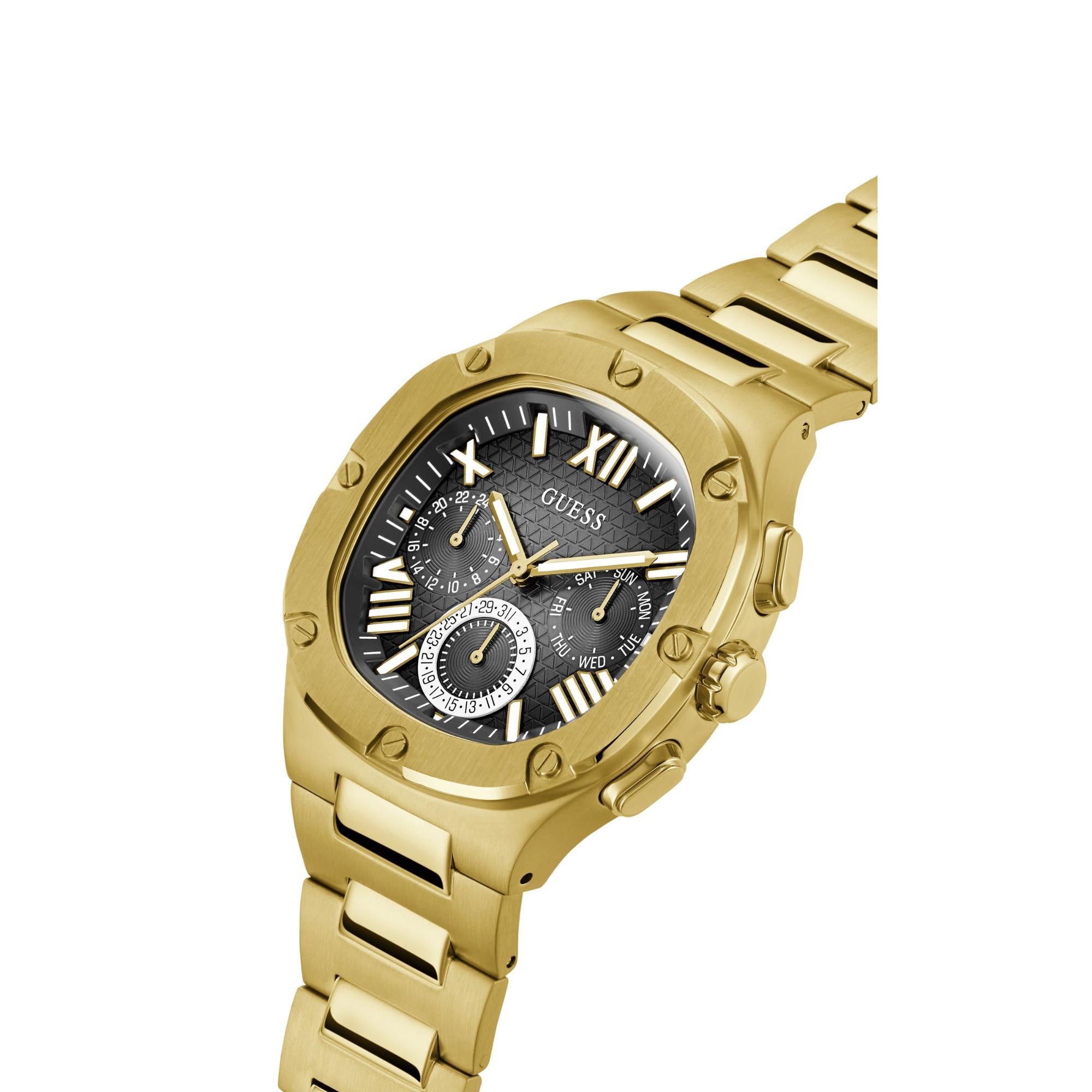 GUESS Gold Tone Multi-Function Black Dial Steel Strap Men's Watch GW0572G2