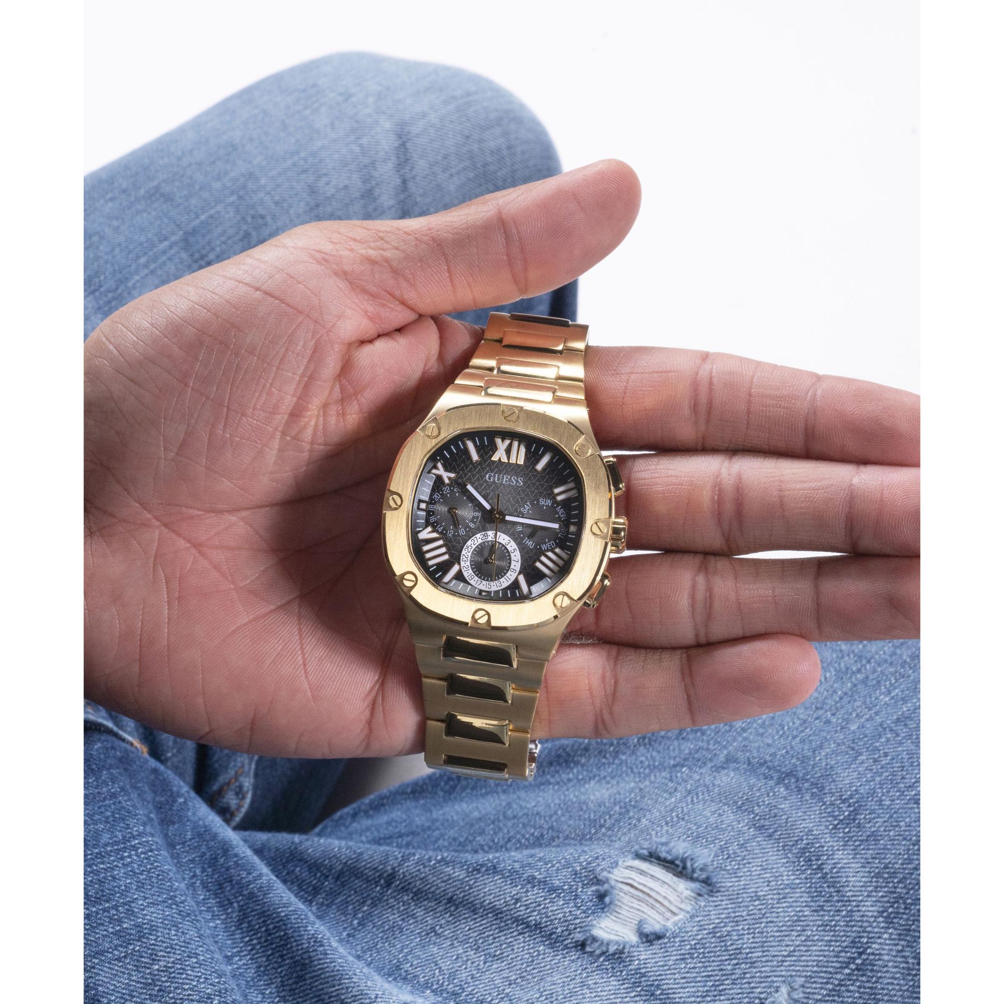 GUESS Gold Tone Multi-Function Black Dial Steel Strap Men's Watch GW0572G2