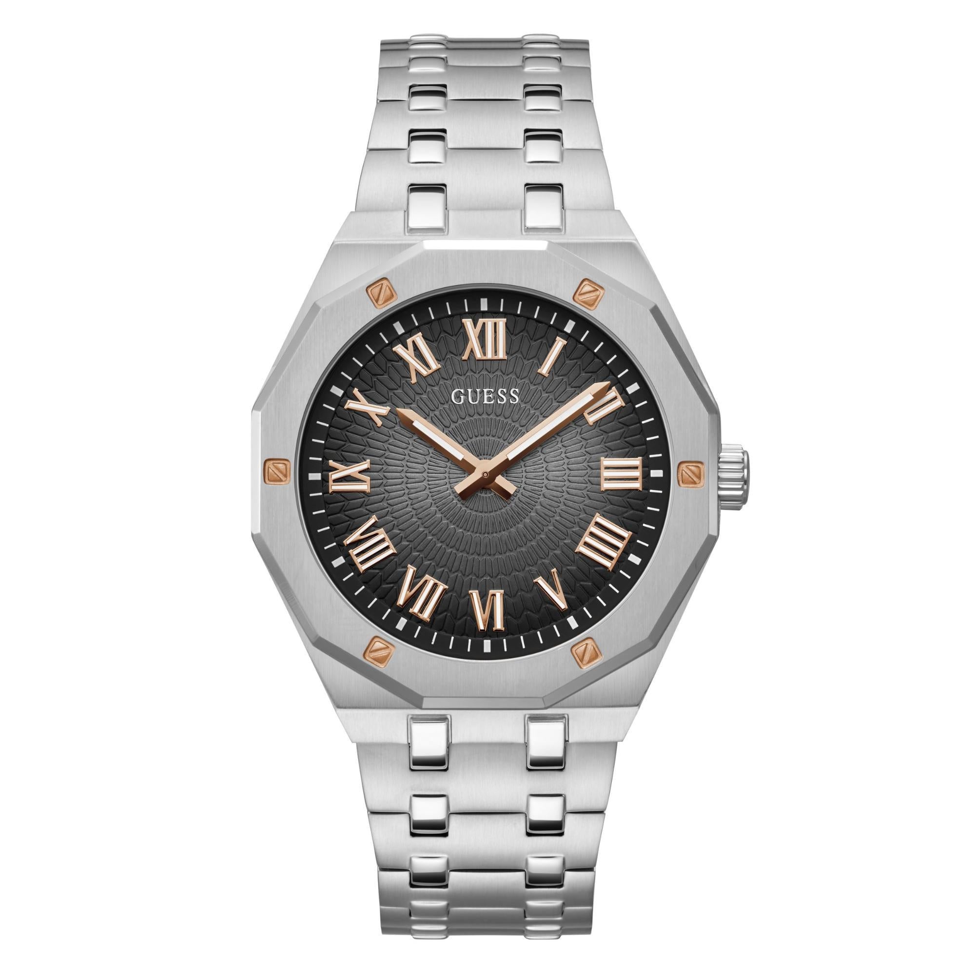 GUESS Silver-Tone Analog Black Dial Steel Strap Men's Watch GW0575G1