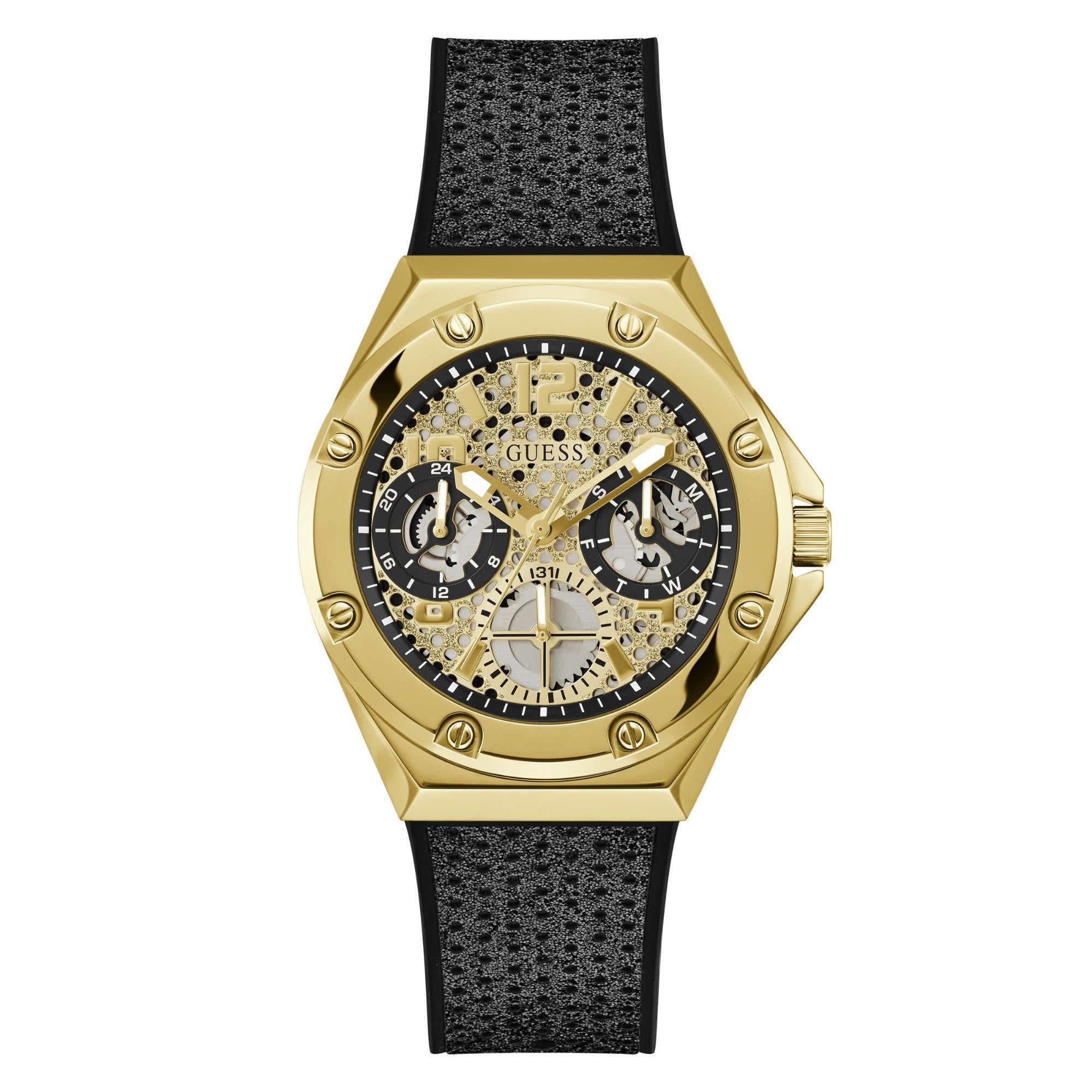 GUESS Asteria Gold Tone with Crystal-Embellished Dial Silicone Strap Ladies Watch GW0620L2