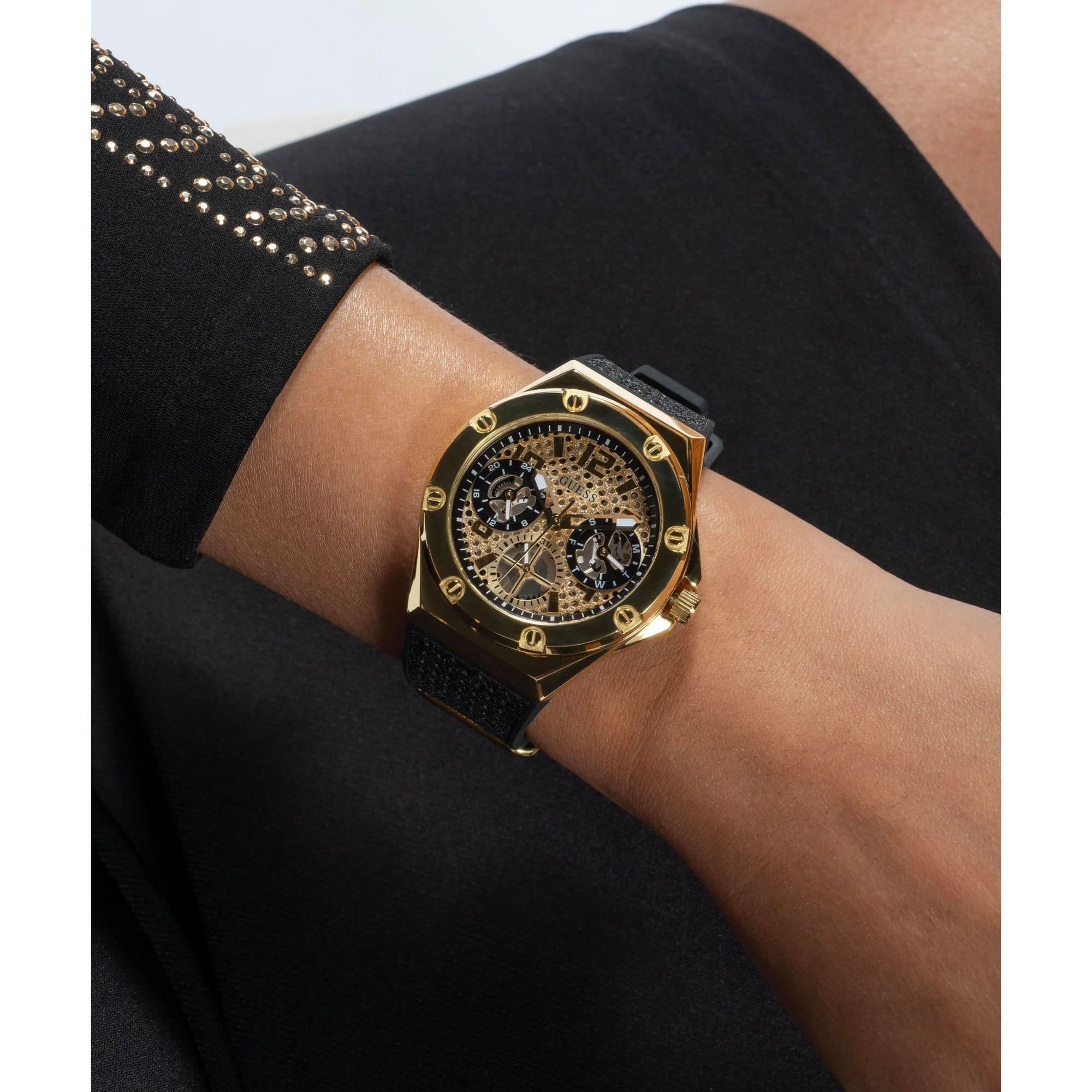 GUESS Asteria Gold Tone with Crystal-Embellished Dial Silicone Strap Ladies Watch GW0620L2