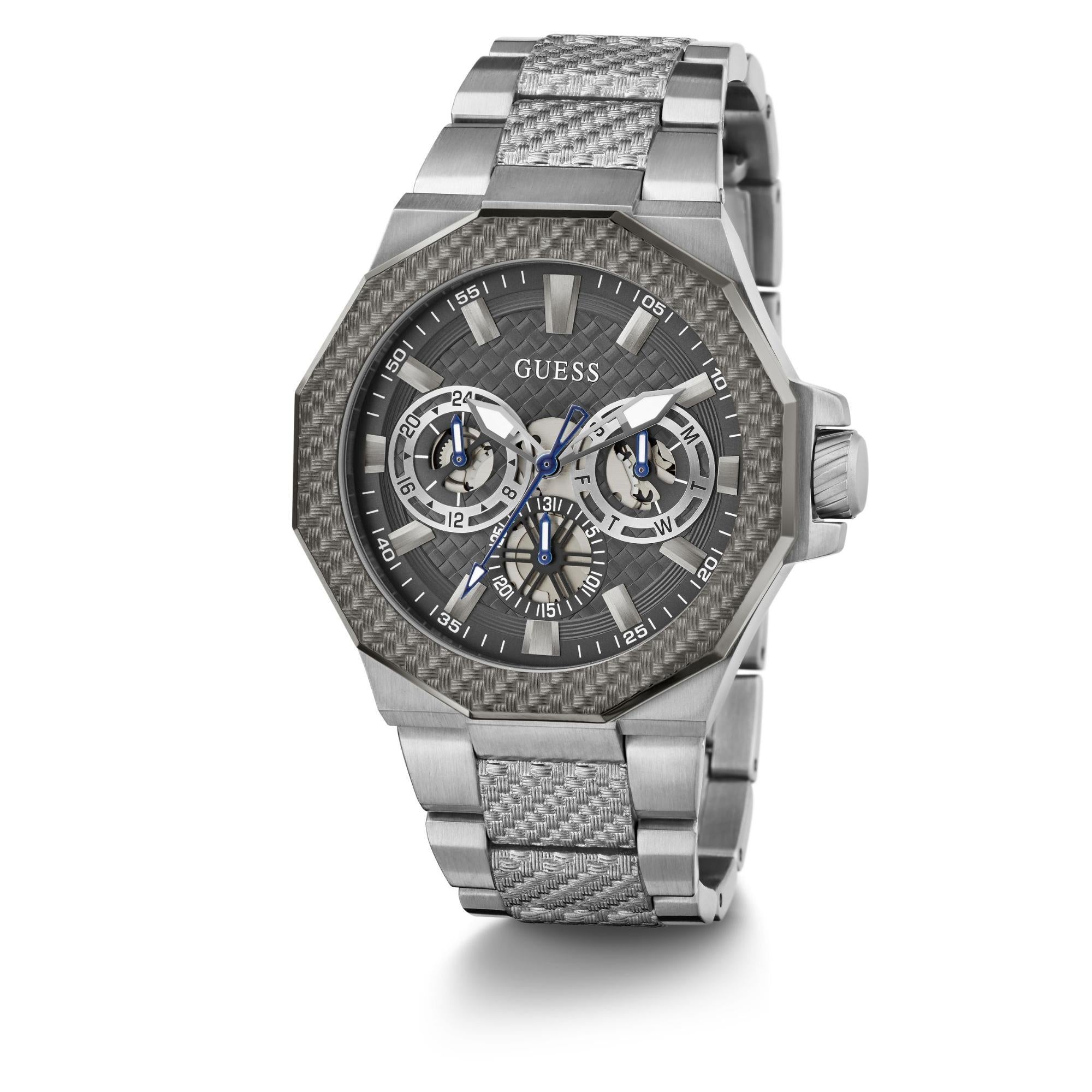 GUESS Herrenarmbanduhr mit silberfarbener Lünette, Multifunktion, graues Zifferblatt, Stahlarmband GW0636G1