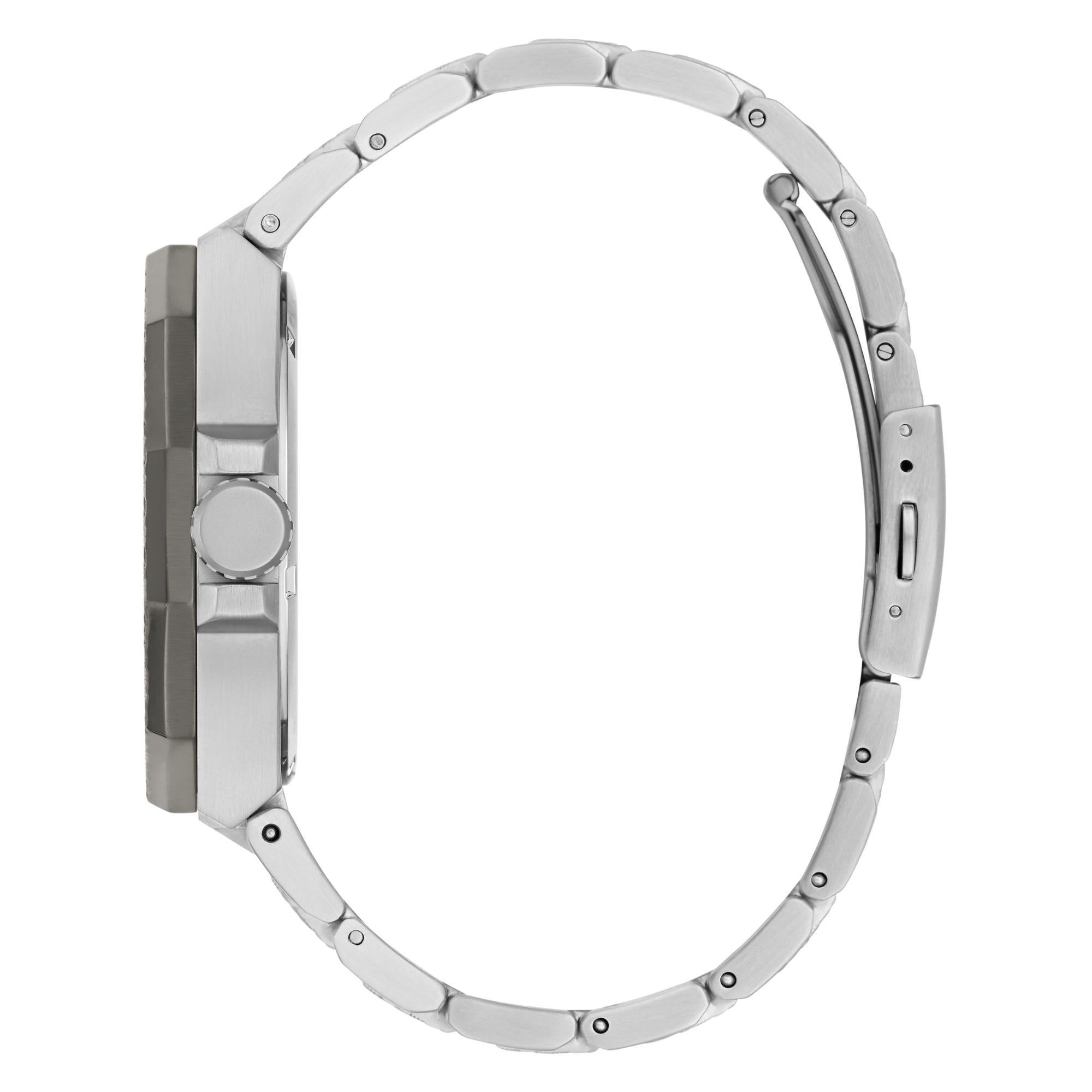 GUESS Herrenarmbanduhr mit silberfarbener Lünette, Multifunktion, graues Zifferblatt, Stahlarmband GW0636G1