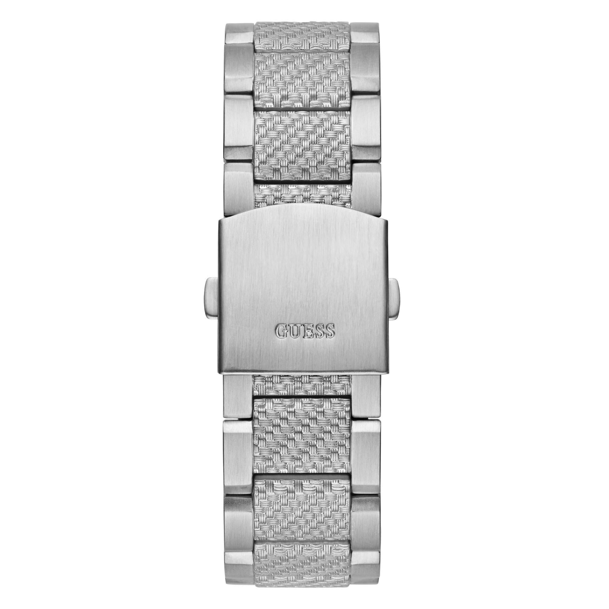 GUESS Herrenarmbanduhr mit silberfarbener Lünette, Multifunktion, graues Zifferblatt, Stahlarmband GW0636G1
